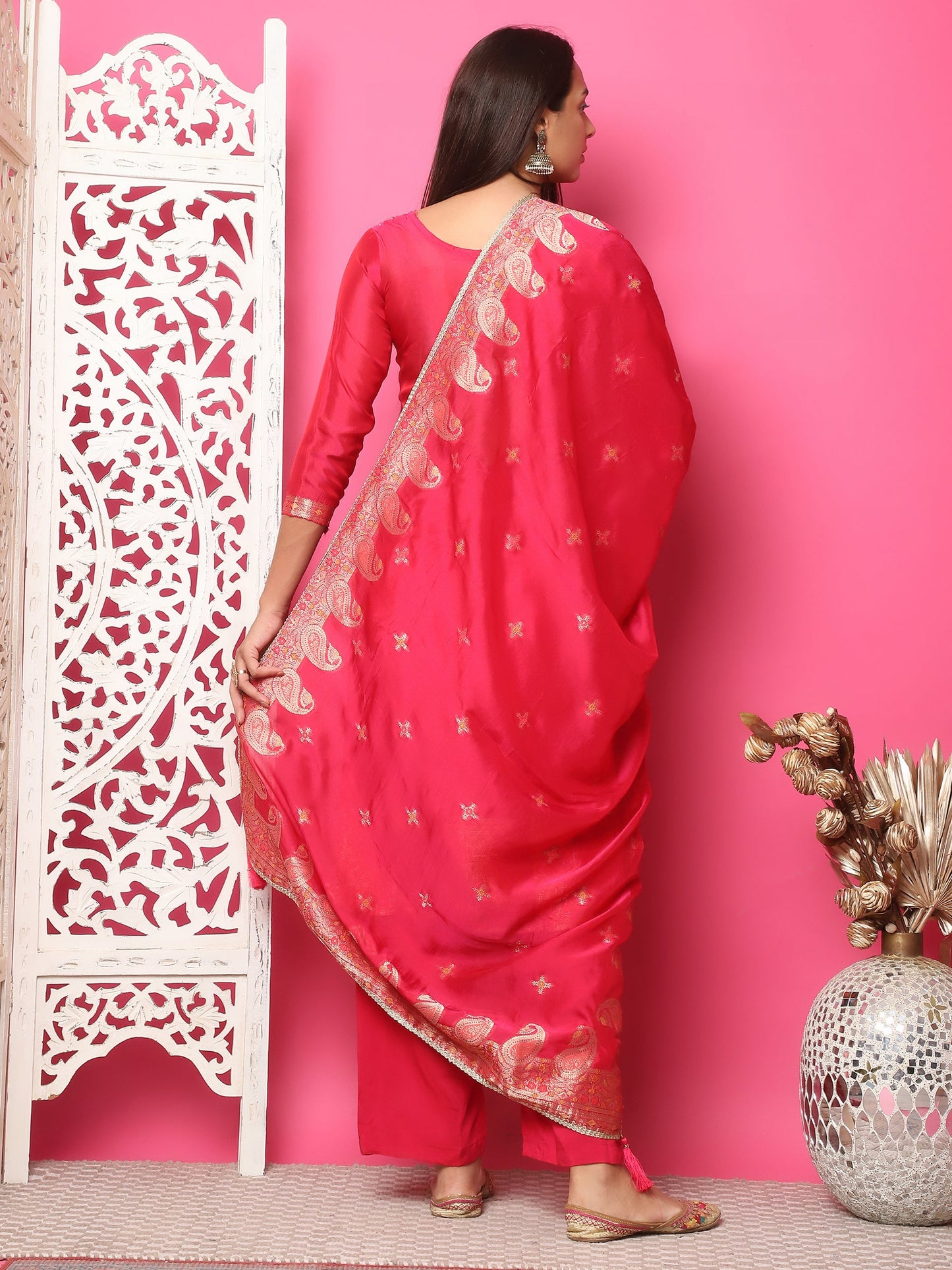 Jyoti Fashion Women's Red Silk Jacquard Woven with Zari Work Salwar Suit Set | Swadesiicart
