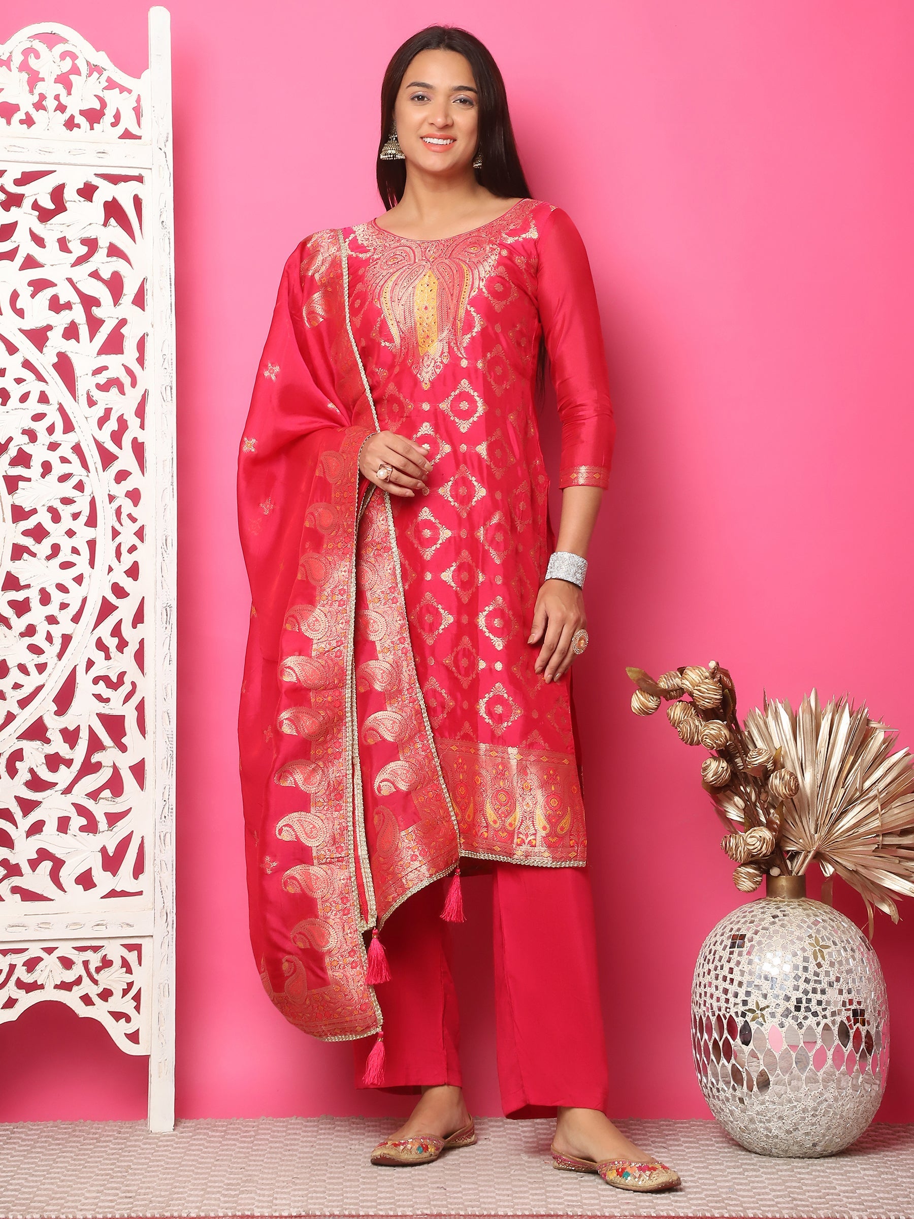Jyoti Fashion Women's Red Silk Jacquard Woven with Zari Work Salwar Suit Set | Swadesiicart