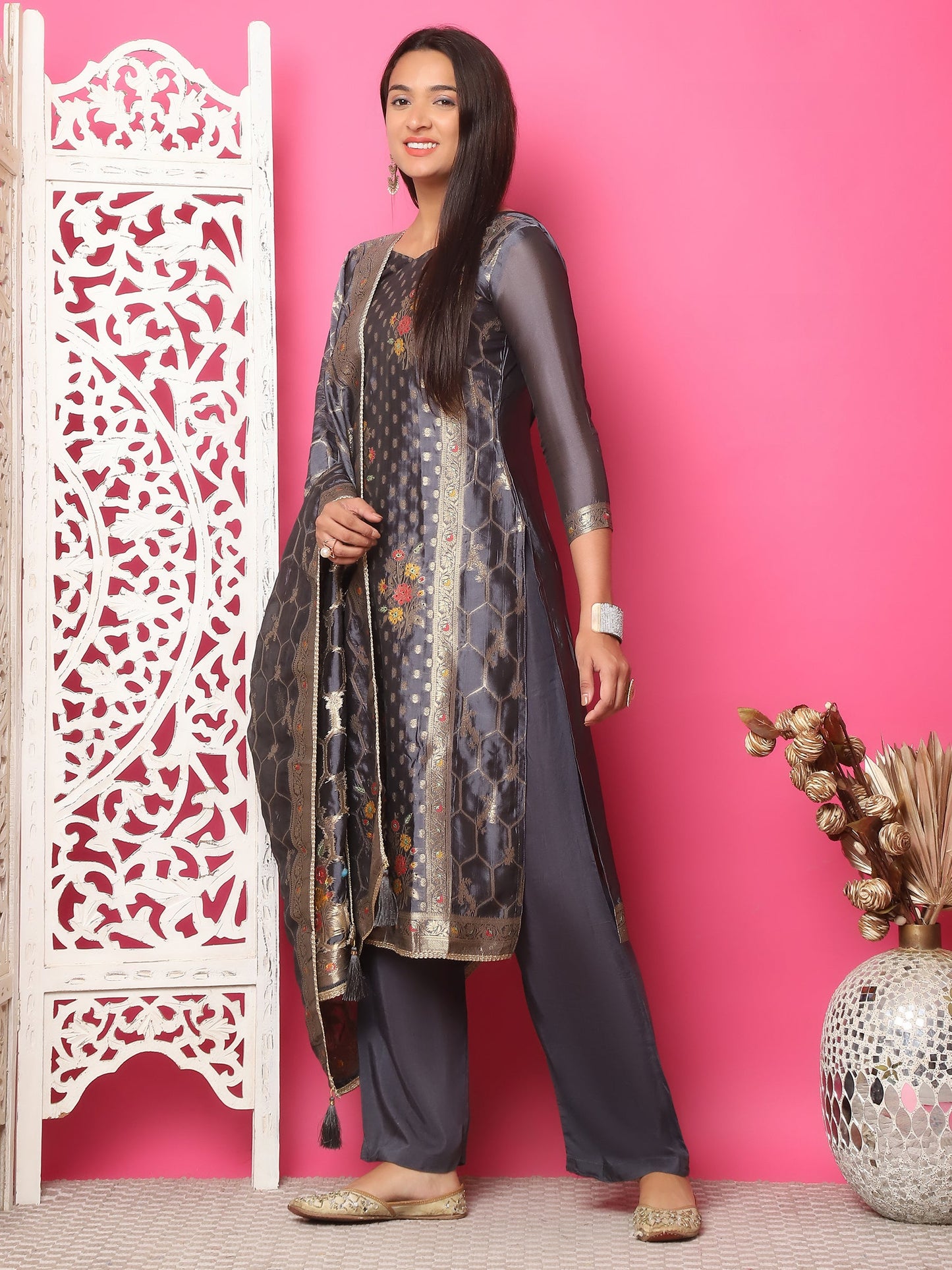 Jyoti Fashion Women's Grey Silk Jacquard Woven with Zari Work Salwar Suit Set | Swadesiicart