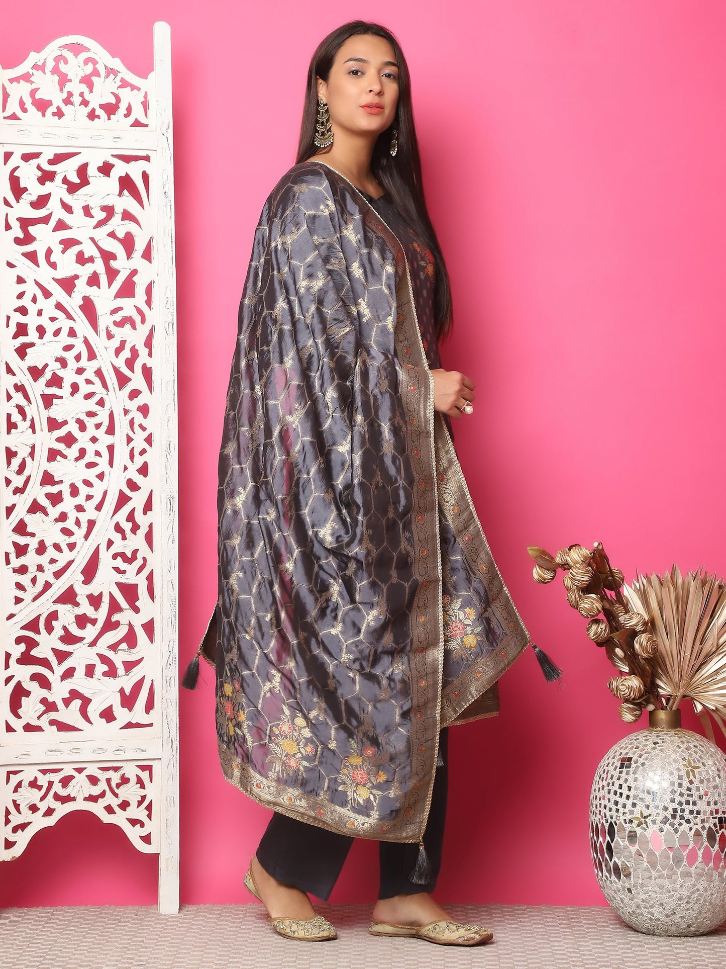 Jyoti Fashion Women's Grey Silk Jacquard Woven with Zari Work Salwar Suit Set | Swadesiicart