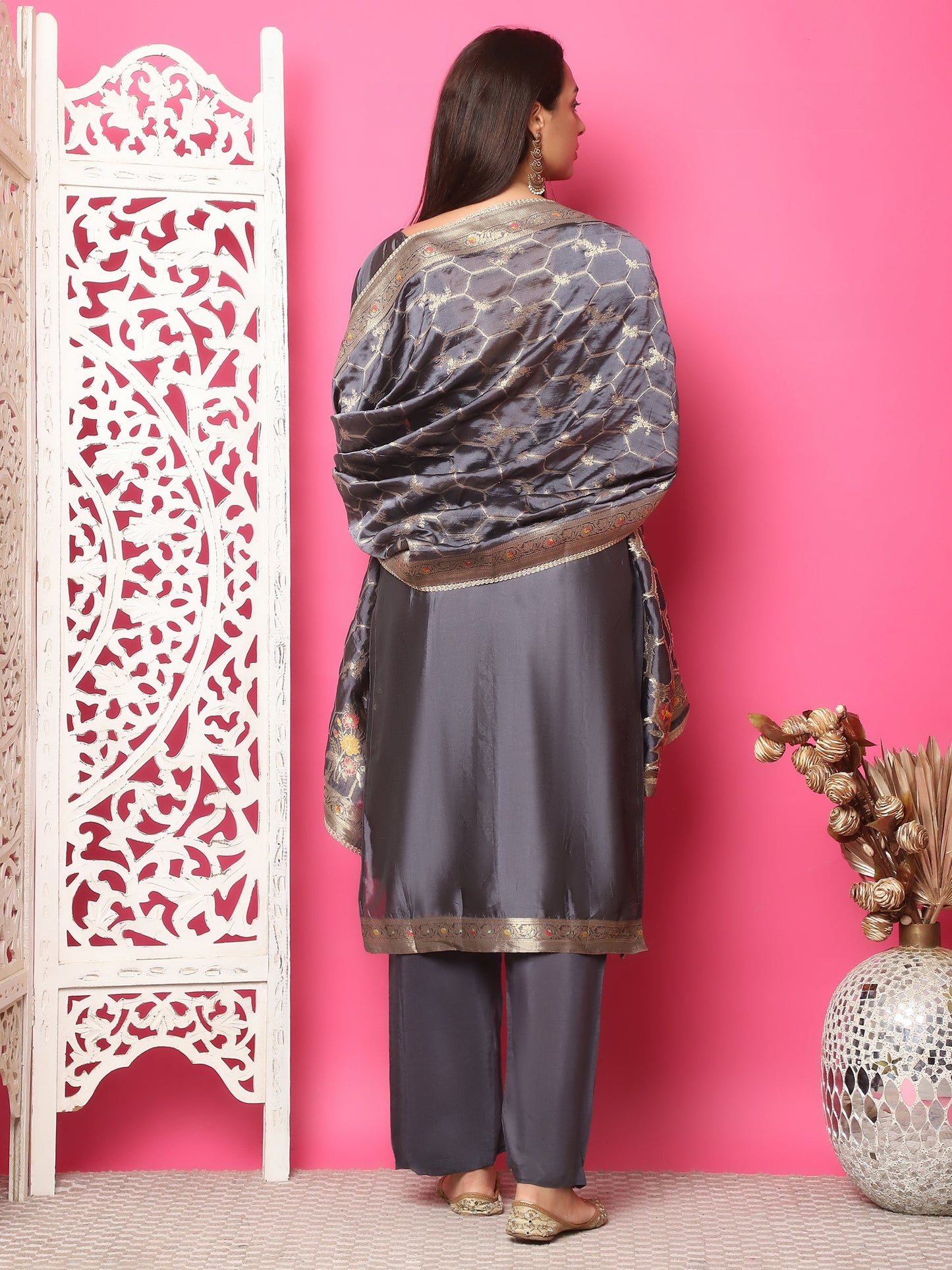 Jyoti Fashion Women's Grey Silk Jacquard Woven with Zari Work Salwar Suit Set | Swadesiicart