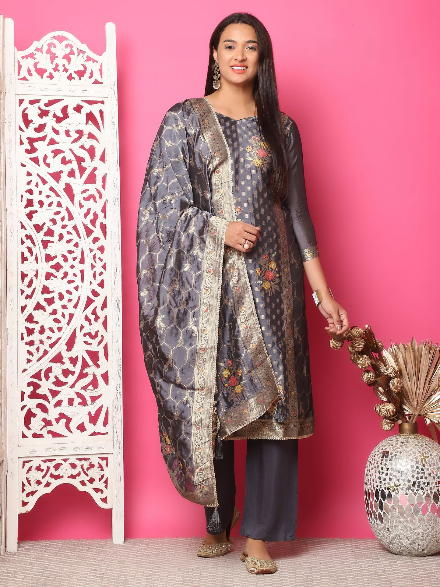 Jyoti Fashion Women's Grey Silk Jacquard Woven with Zari Work Salwar Suit Set | Swadesiicart
