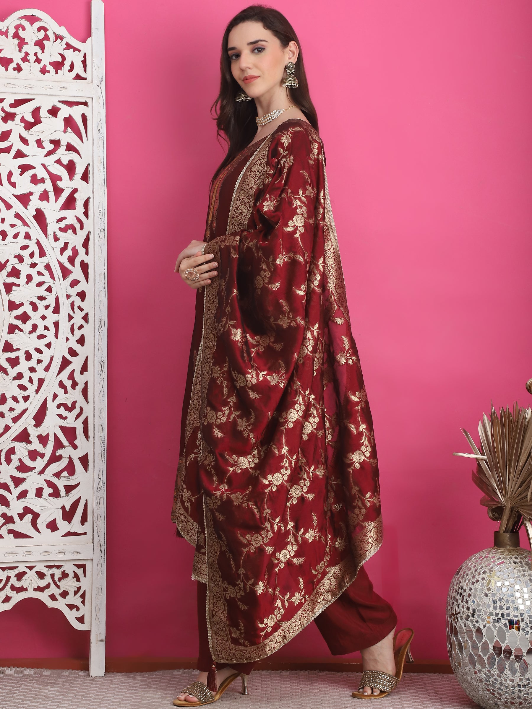 Jyoti Fashion Women's Maroon Silk Jacquard Woven with Zari Work Salwar Suit Set | Swadesiicart