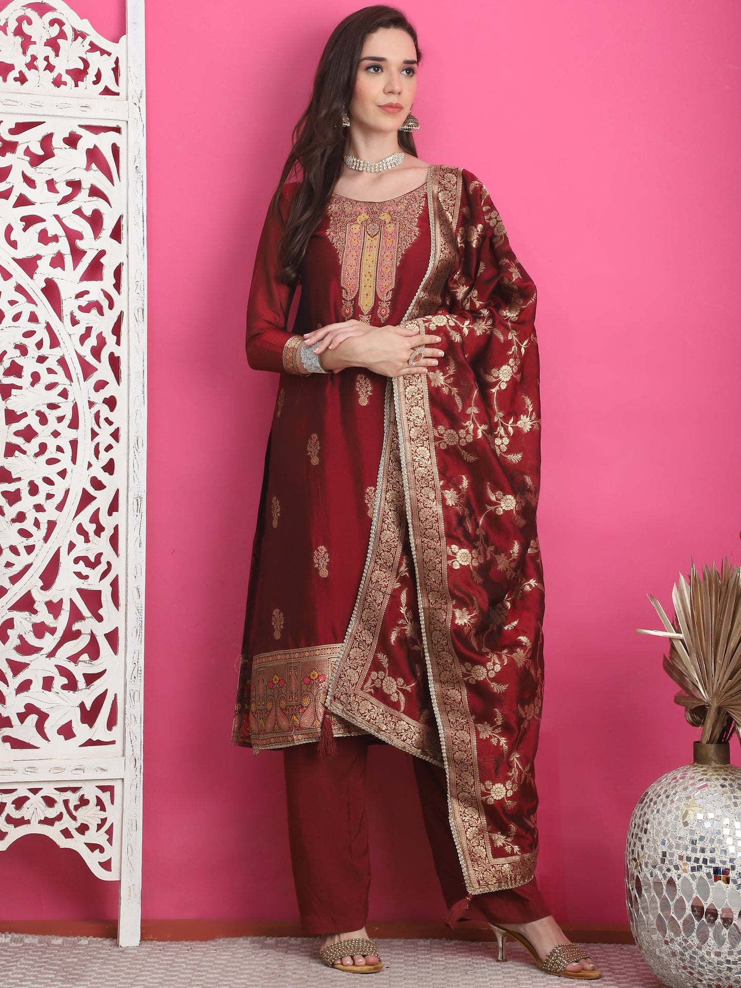 Jyoti Fashion Women's Maroon Silk Jacquard Woven with Zari Work Salwar Suit Set | Swadesiicart