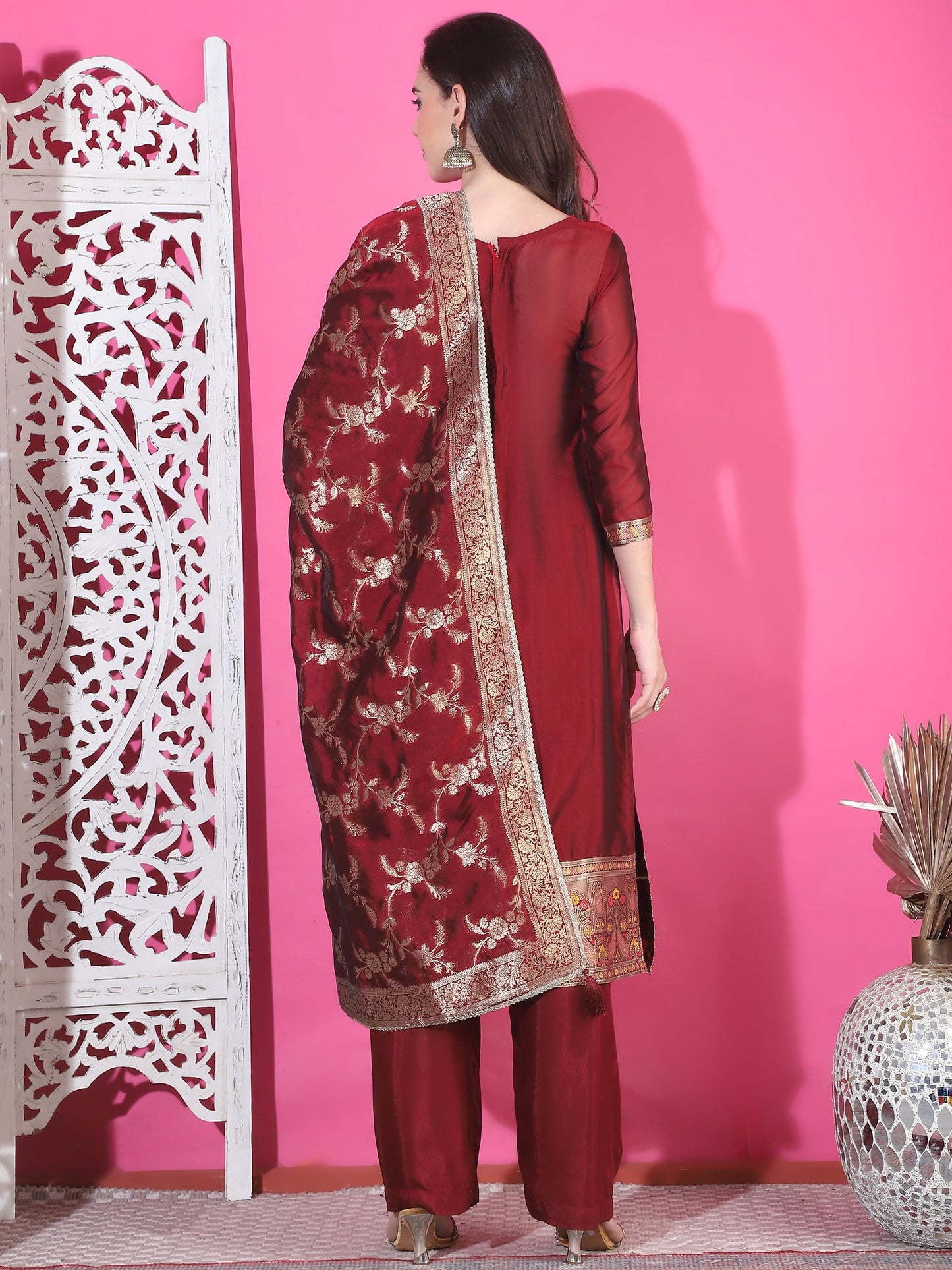 Jyoti Fashion Women's Maroon Silk Jacquard Woven with Zari Work Salwar Suit Set | Swadesiicart