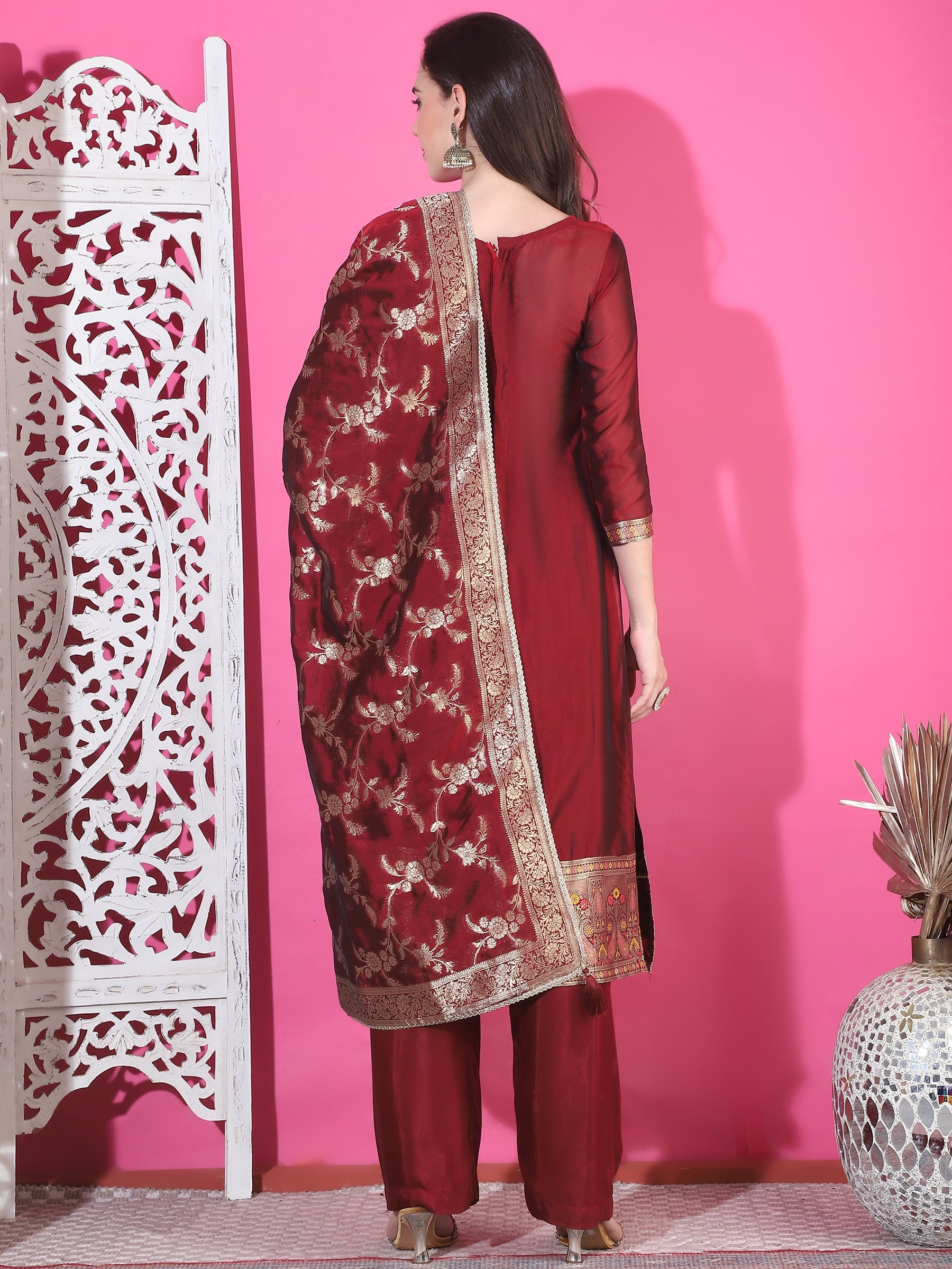 Jyoti Fashion Women's Maroon Silk Jacquard Woven with Zari Work Salwar Suit Set | Swadesiicart
