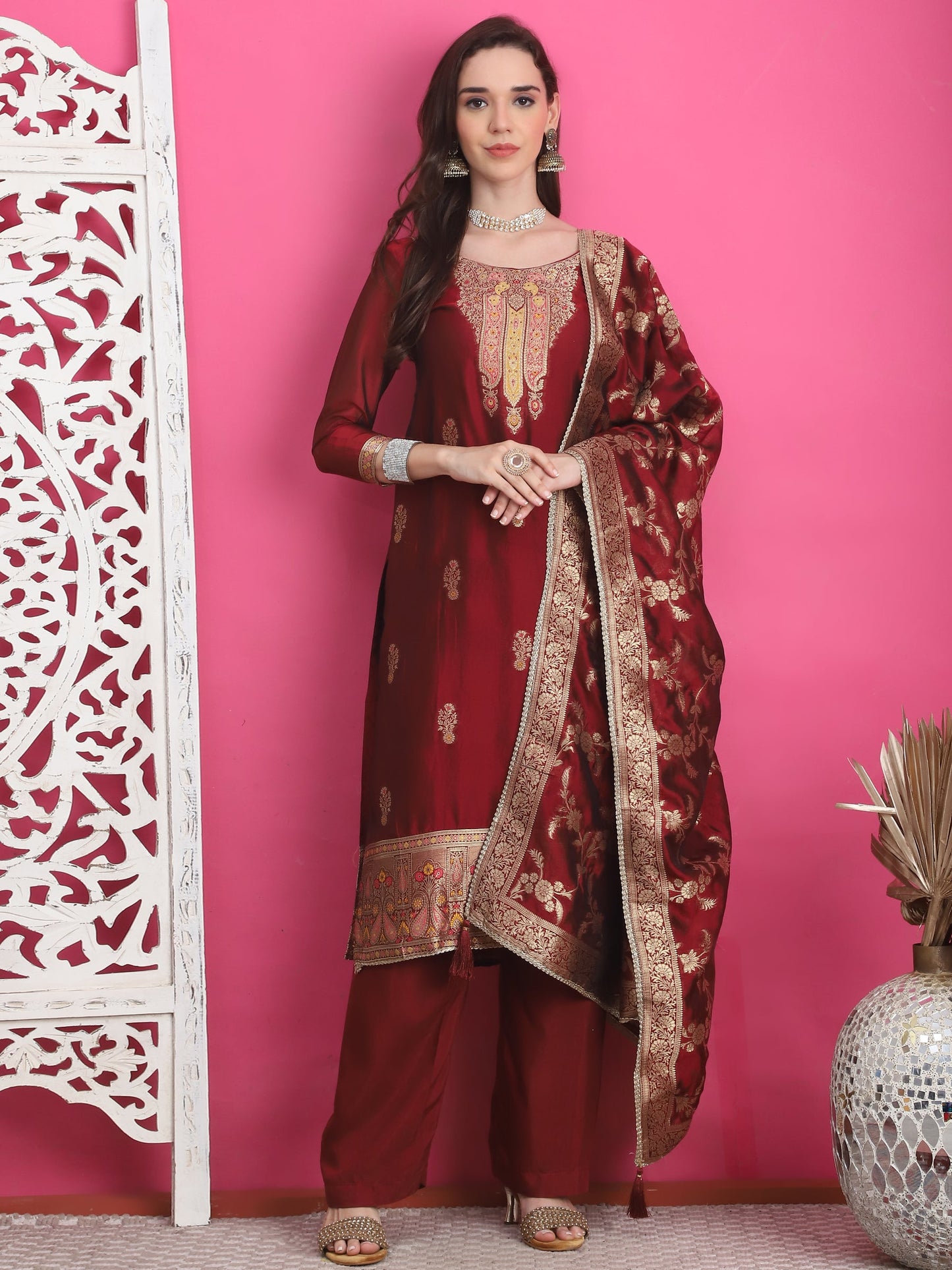 Jyoti Fashion Women's Maroon Silk Jacquard Woven with Zari Work Salwar Suit Set | Swadesiicart