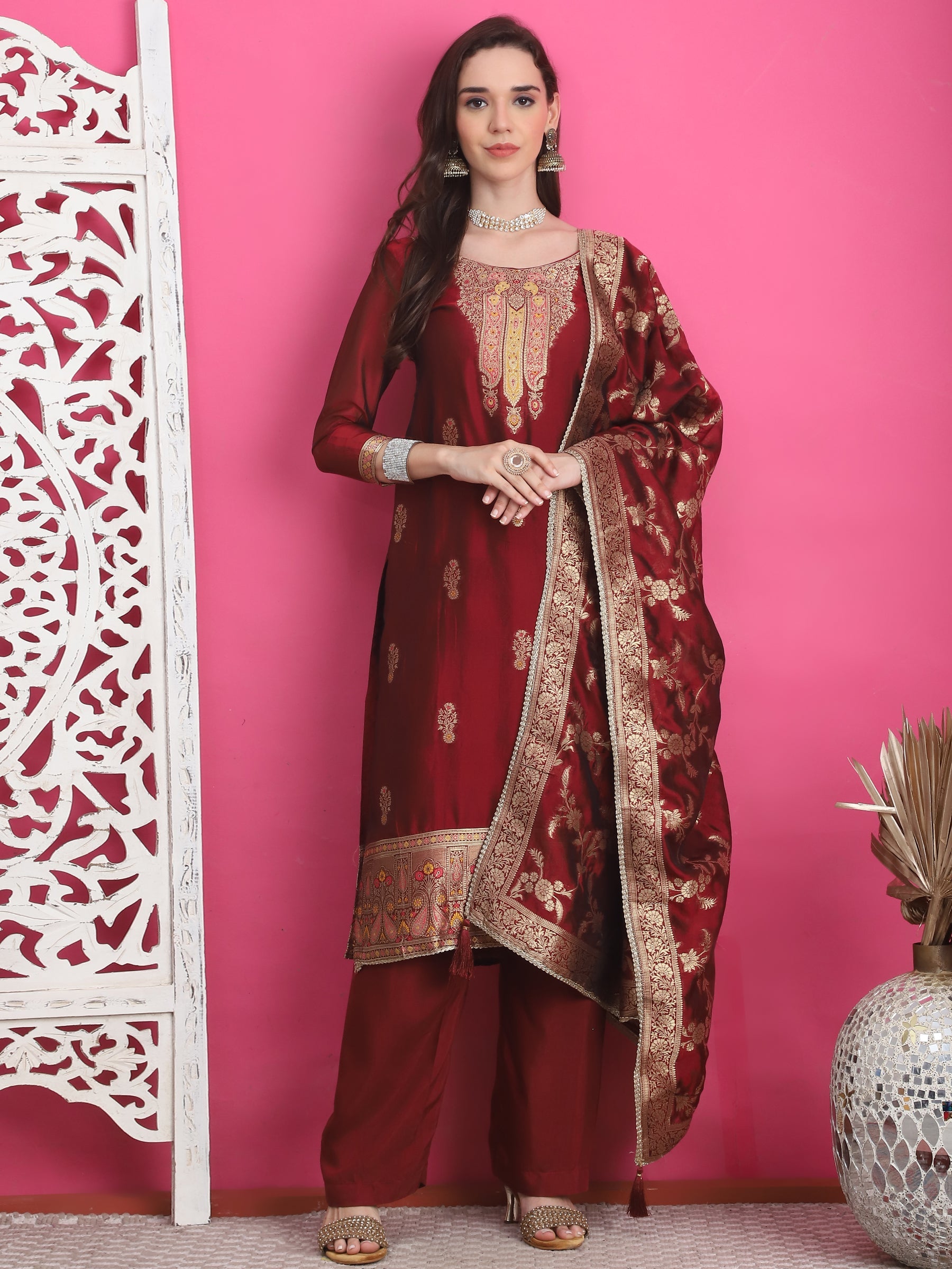 Jyoti Fashion Women's Maroon Silk Jacquard Woven with Zari Work Salwar Suit Set | Swadesiicart