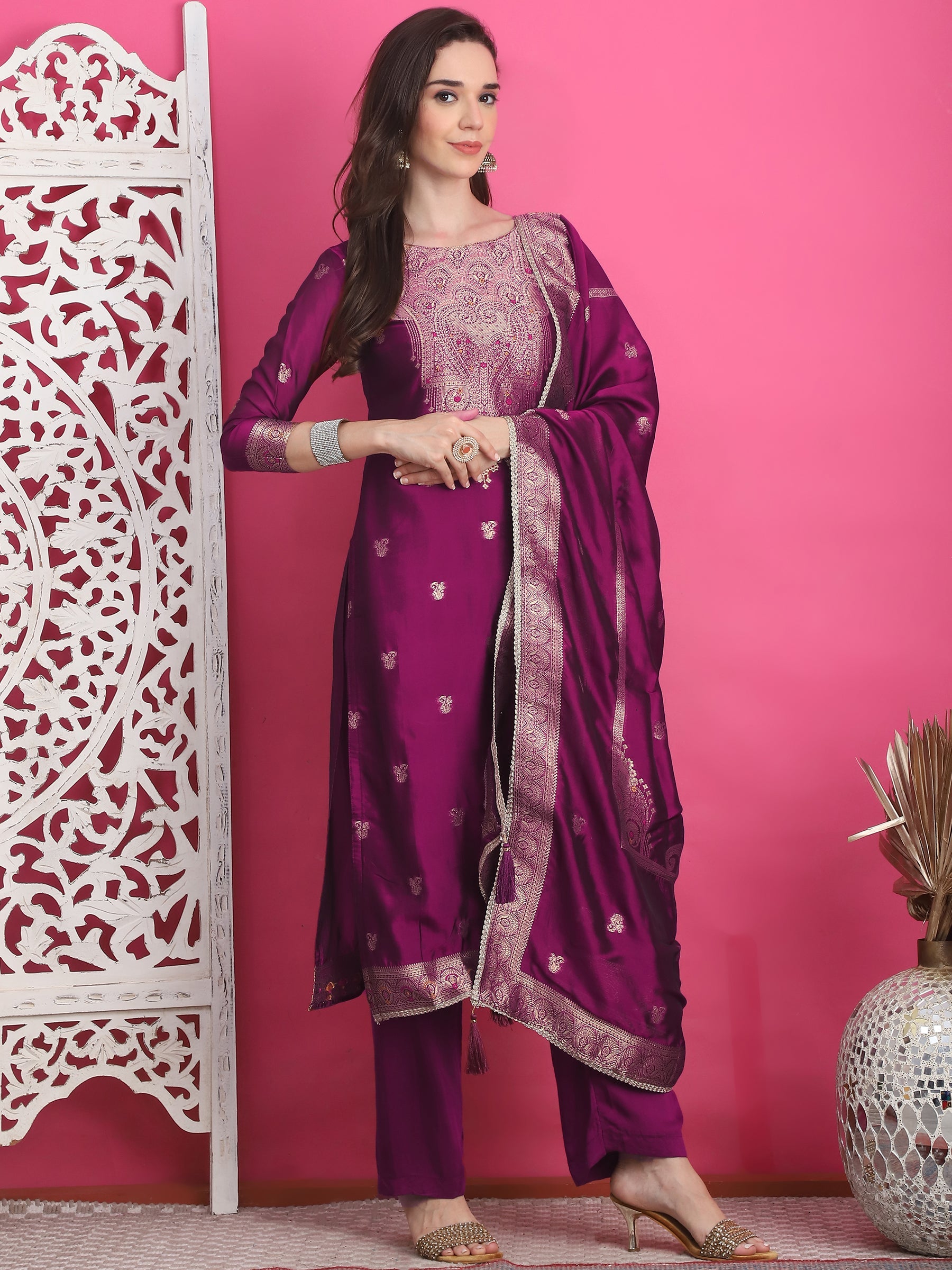 Jyoti Fashion Women's Wine Silk Jacquard Woven with Zari Work Salwar Suit Set | Swadesiicart