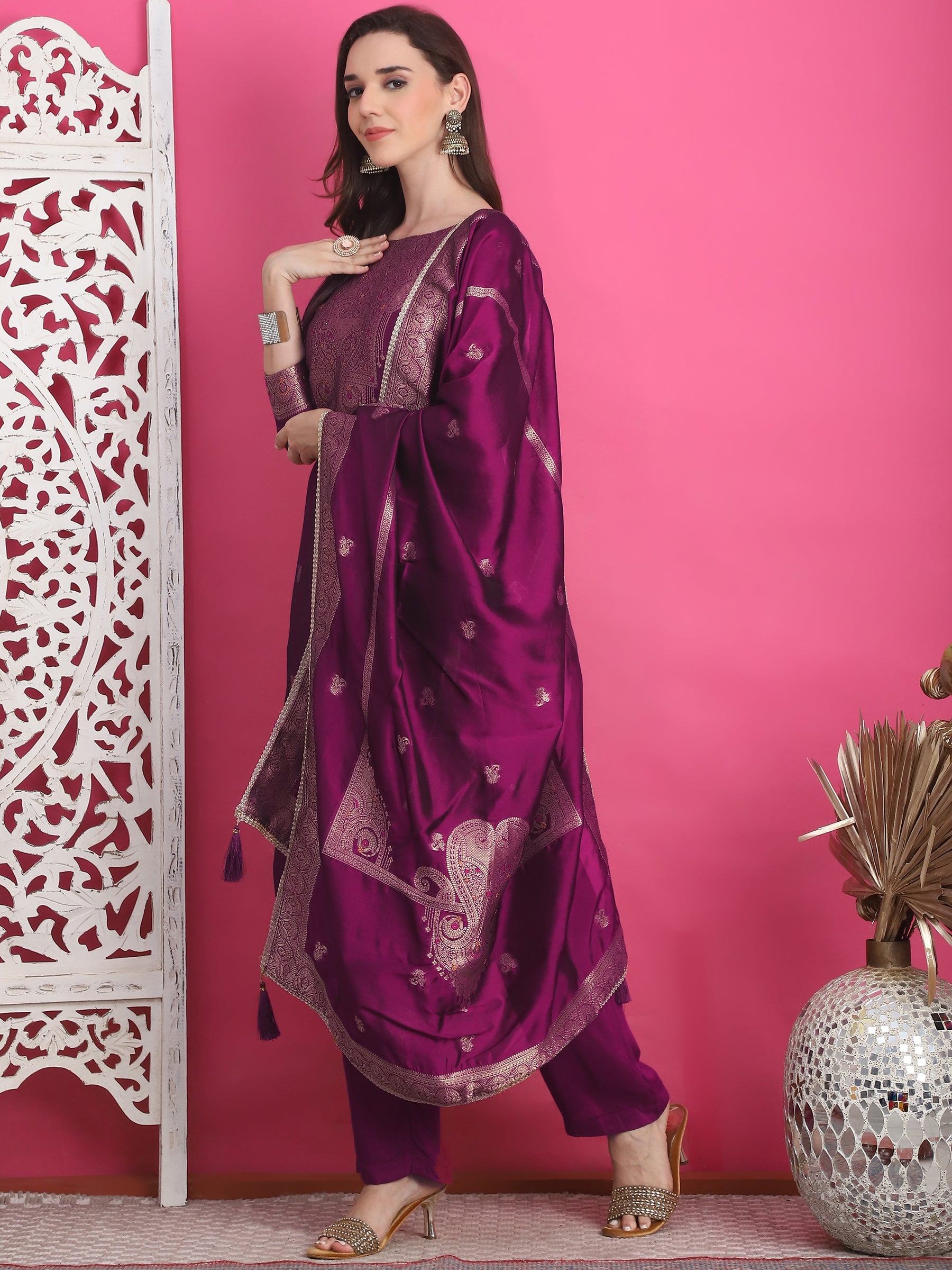 Jyoti Fashion Women's Wine Silk Jacquard Woven with Zari Work Salwar Suit Set | Swadesiicart