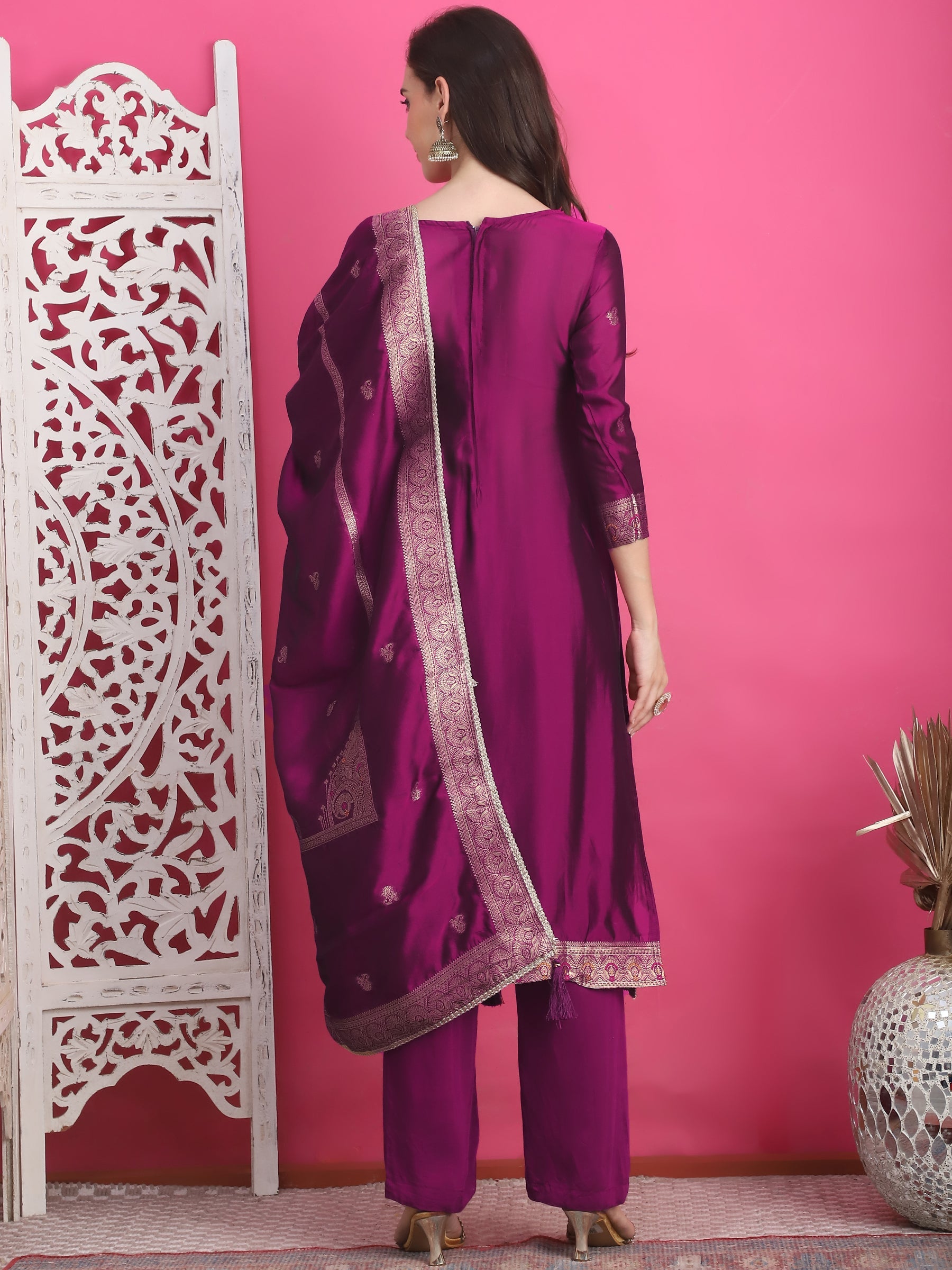 Jyoti Fashion Women's Wine Silk Jacquard Woven with Zari Work Salwar Suit Set | Swadesiicart