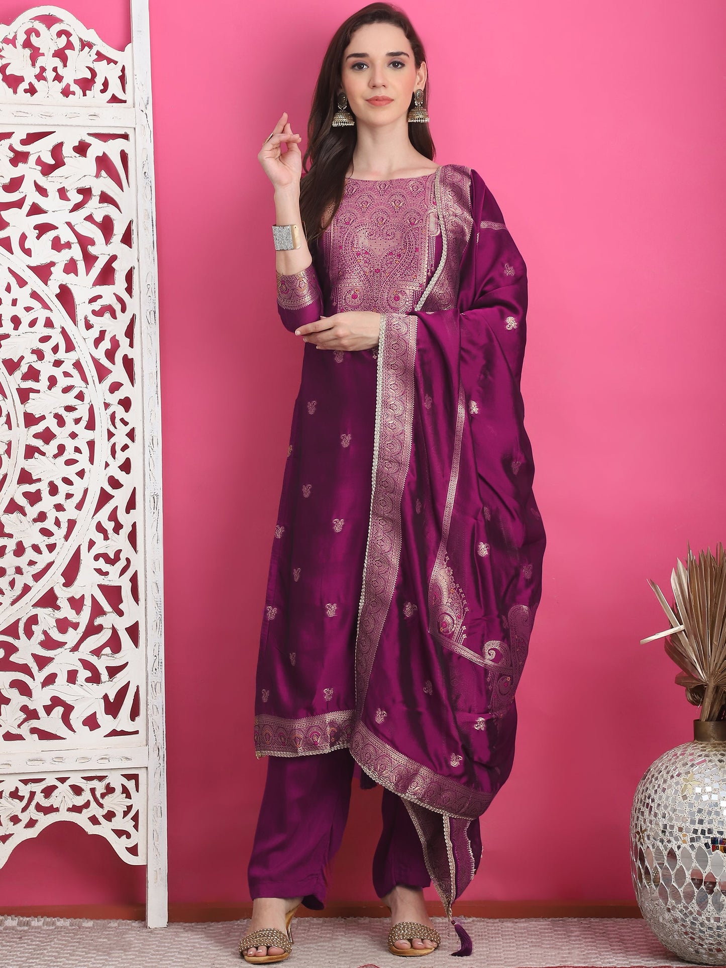Jyoti Fashion Women's Wine Silk Jacquard Woven with Zari Work Salwar Suit Set | Swadesiicart