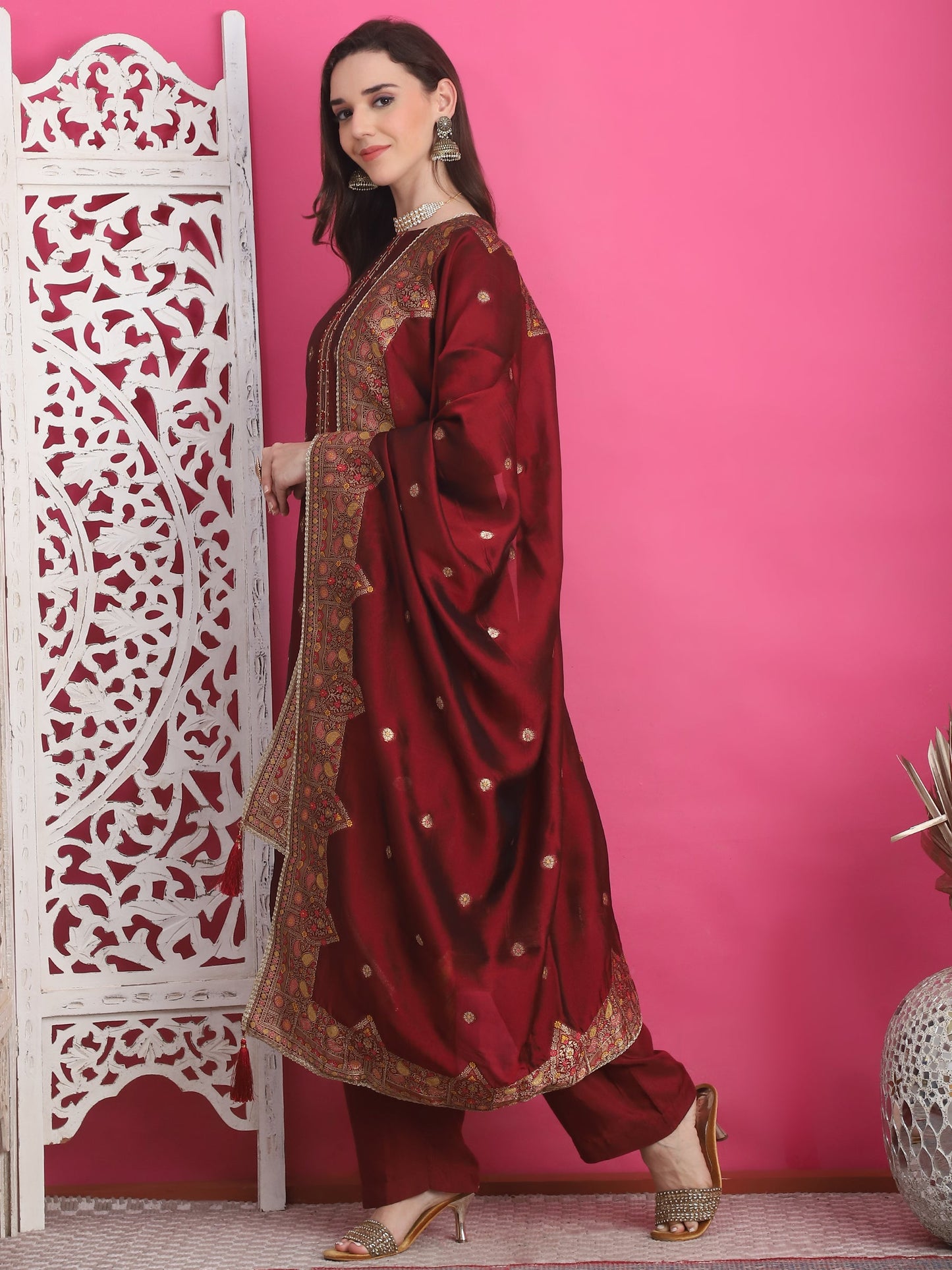 Jyoti Fashion Women's Maroon Silk Jacquard Woven with Zari Work Salwar Suit Set | Swadesiicart