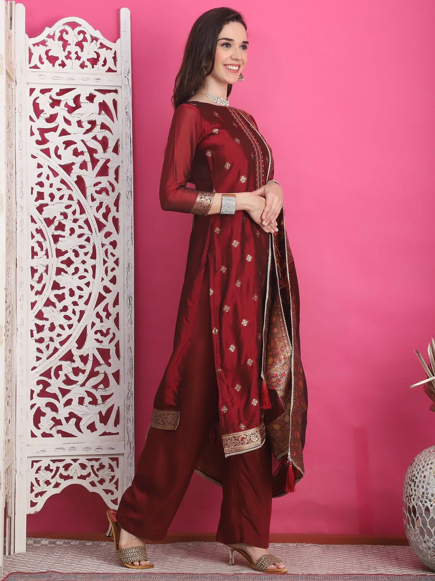 Jyoti Fashion Women's Maroon Silk Jacquard Woven with Zari Work Salwar Suit Set | Swadesiicart