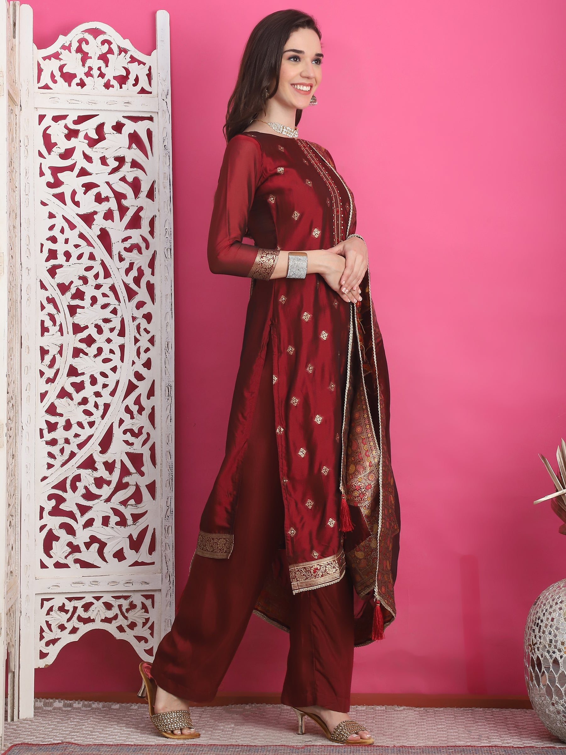 Jyoti Fashion Women's Maroon Silk Jacquard Woven with Zari Work Salwar Suit Set | Swadesiicart