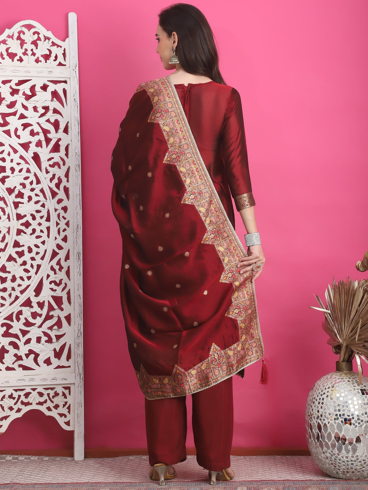 Jyoti Fashion Women's Maroon Silk Jacquard Woven with Zari Work Salwar Suit Set | Swadesiicart