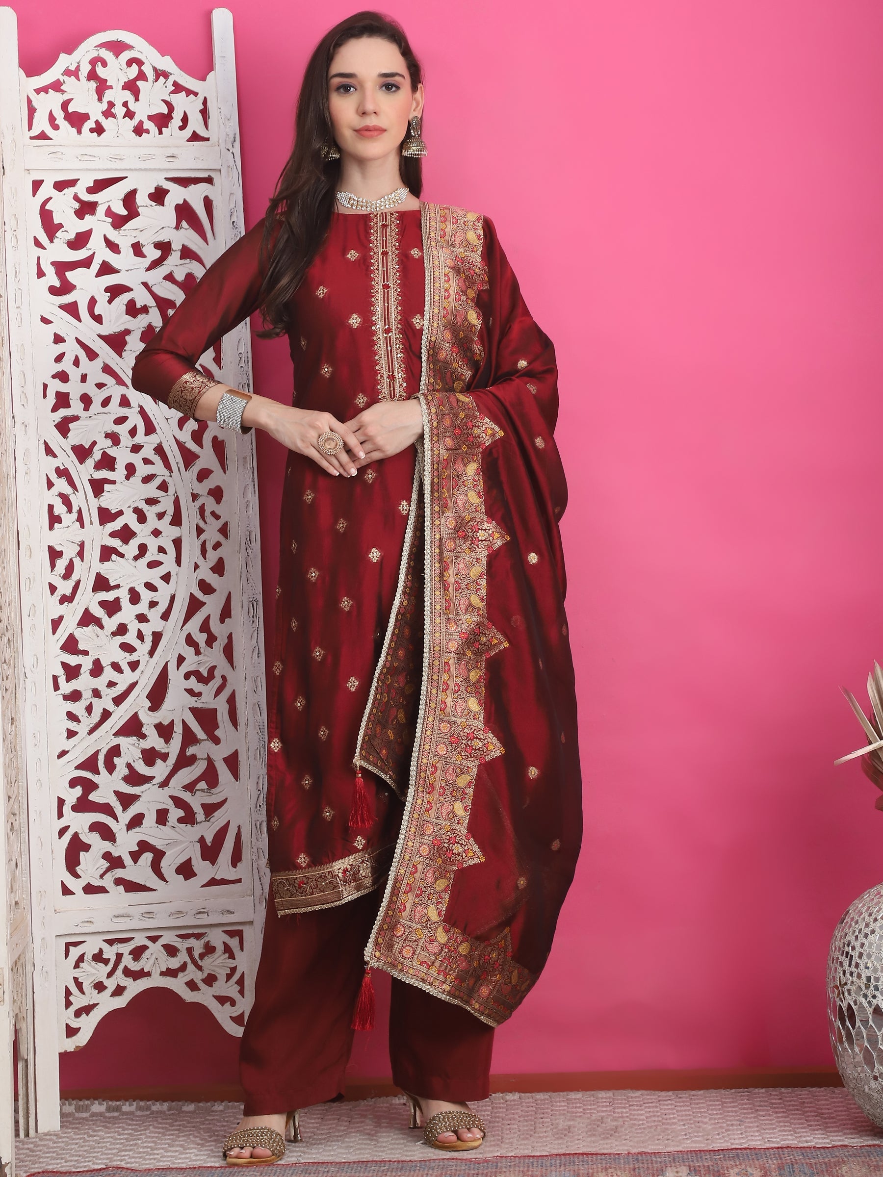 Jyoti Fashion Women's Maroon Silk Jacquard Woven with Zari Work Salwar Suit Set | Swadesiicart