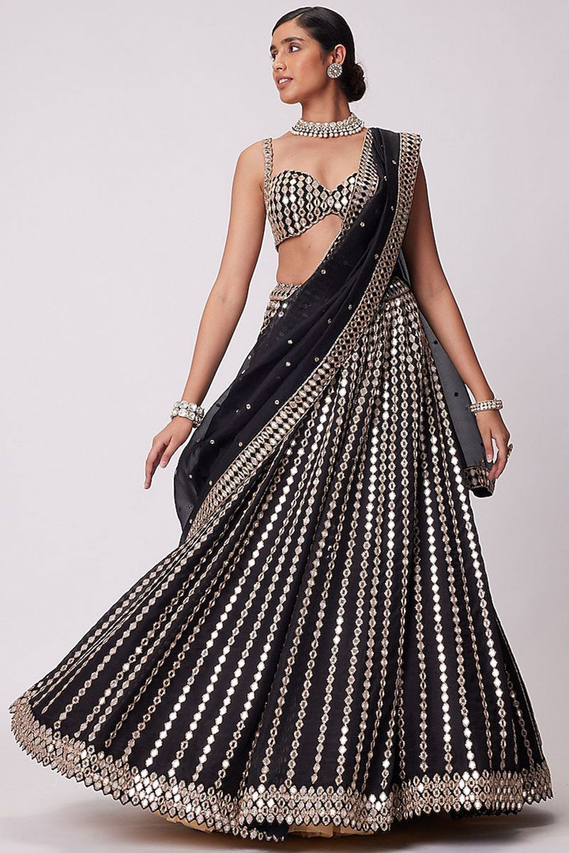 Jyoti Fashion Women's Black Organza Silk Paper Mirror with Zari Embroidered Lehenga Choli with Dupatta | Swadesiicart