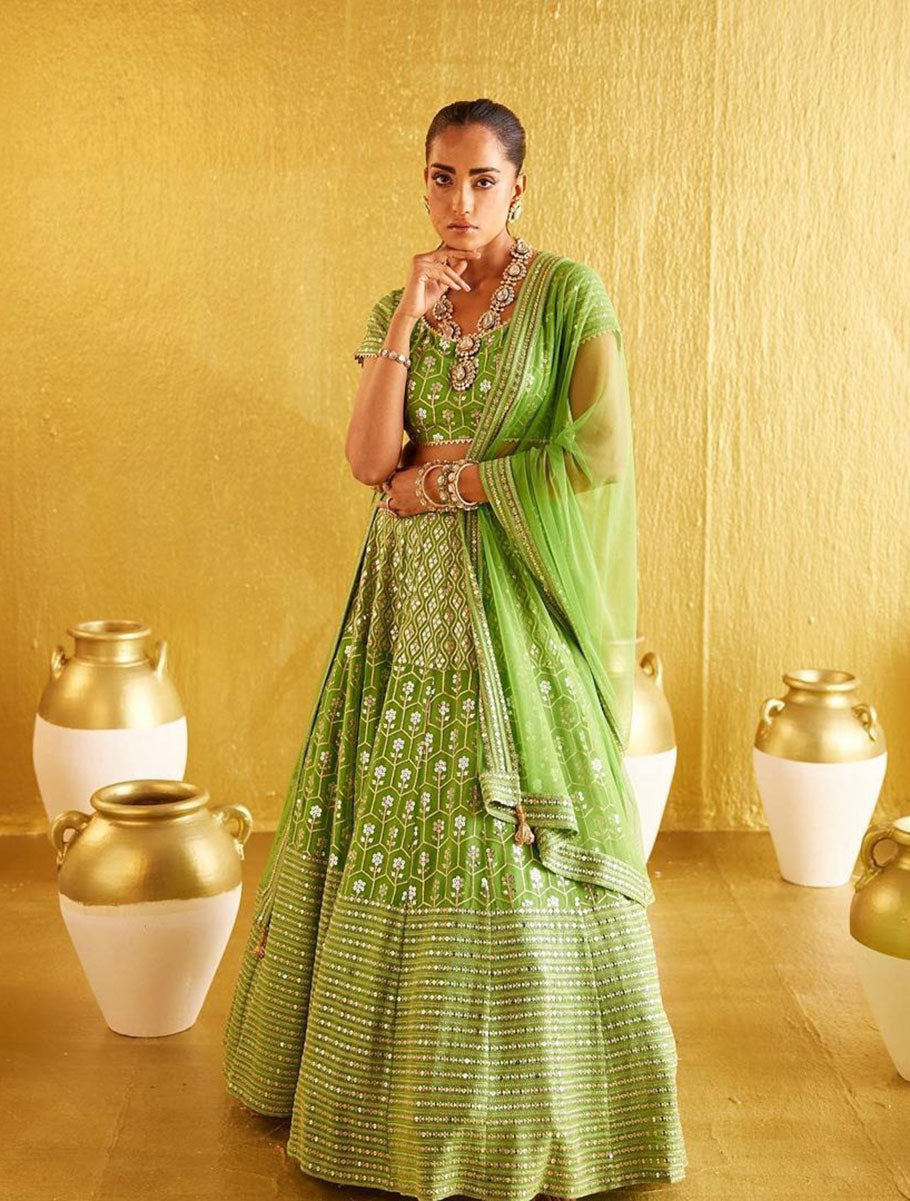 Jyoti Fashion Women's Parrot Green Banglory Silk 9MM Sequins with Zari Embroidered Lehenga Choli with Dupatta | Swadesiicart