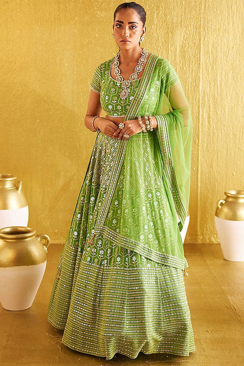 Jyoti Fashion Women's Parrot Green Banglory Silk 9MM Sequins with Zari Embroidered Lehenga Choli with Dupatta | Swadesiicart