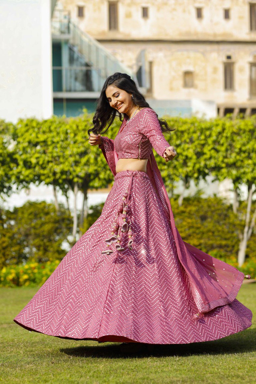 Jyoti Fashion Women's Metallic Pink Faux Georgette 9MM Sequins with Thread Embroidered Lehenga Choli with Dupatta | Swadesiicart