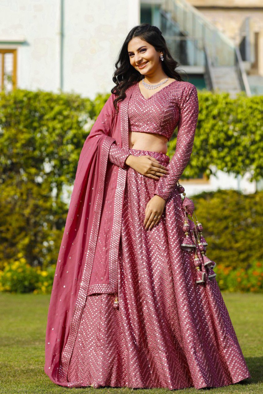 Jyoti Fashion Women's Metallic Pink Faux Georgette 9MM Sequins with Thread Embroidered Lehenga Choli with Dupatta | Swadesiicart