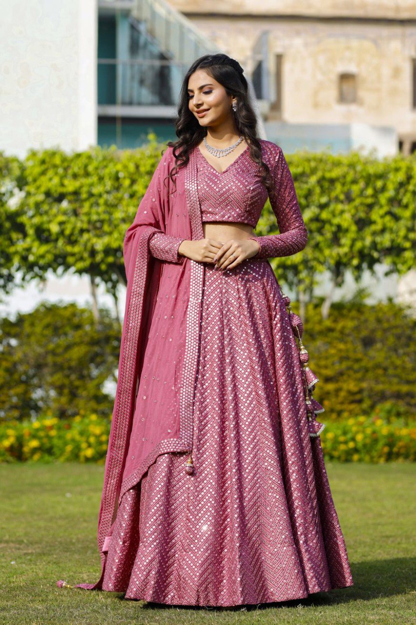 Jyoti Fashion Women's Metallic Pink Faux Georgette 9MM Sequins with Thread Embroidered Lehenga Choli with Dupatta | Swadesiicart