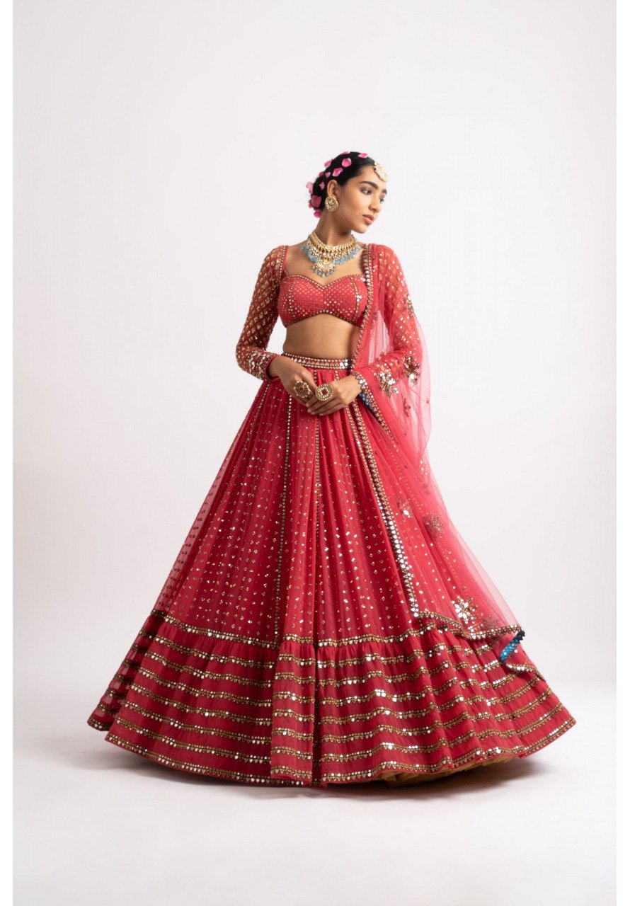 Jyoti Fashion Women's Gajri Red Faux Georgette 3MM, 5MM & 9MM Sequins with Zari Embroidered Lehenga Choli with Dupatta | Swadesiicart