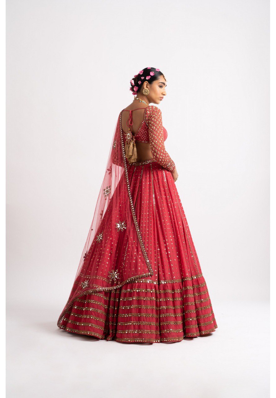 Jyoti Fashion Women's Gajri Red Faux Georgette 3MM, 5MM & 9MM Sequins with Zari Embroidered Lehenga Choli with Dupatta | Swadesiicart