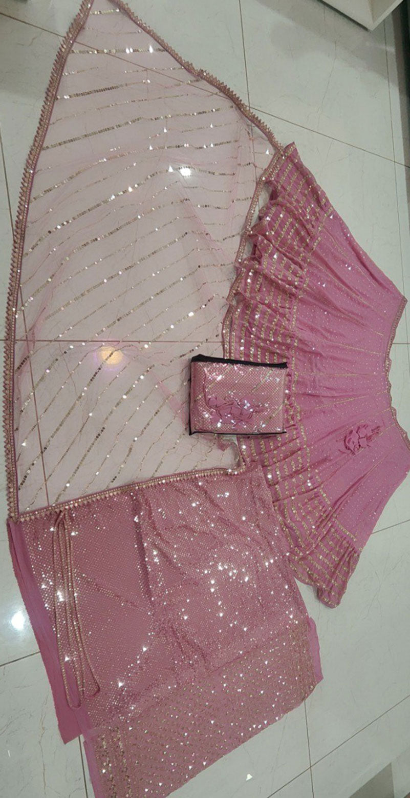 Jyoti Fashion Women's Metallic Pink Faux Georgette 3MM, 5MM & 9MM Sequins with Zari Embroidered Lehenga Choli with Dupatta | Swadesiicart