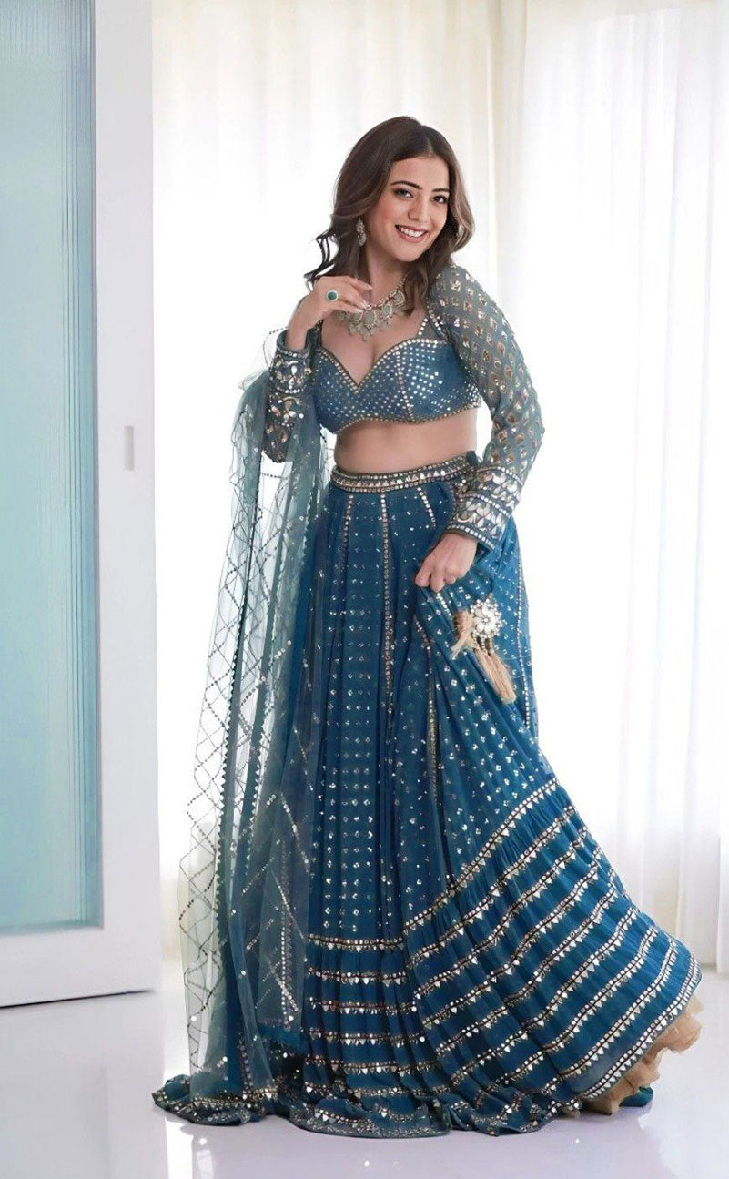 Jyoti Fashion Women's Blue Faux Georgette 3MM, 5MM & 9MM Sequins with Zari Embroidered Lehenga Choli with Dupatta | Swadesiicart