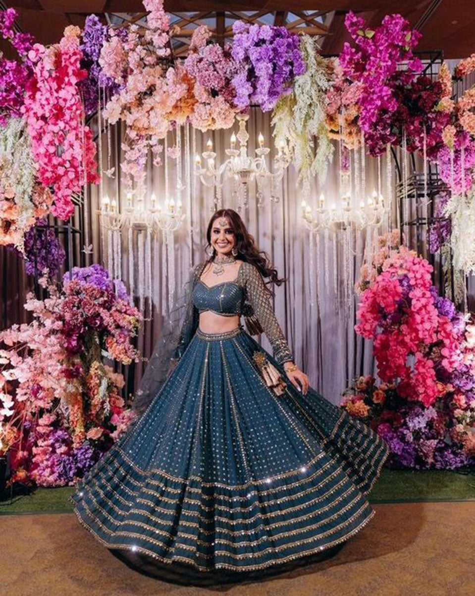 Jyoti Fashion Women's Blue Faux Georgette 3MM, 5MM & 9MM Sequins with Zari Embroidered Lehenga Choli with Dupatta | Swadesiicart