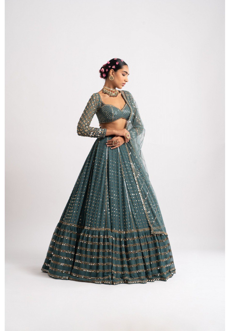 Jyoti Fashion Women's Dark Green Faux Georgette 3MM, 5MM & 9MM Sequins with Zari Embroidered Lehenga Choli with Dupatta | Swadesiicart