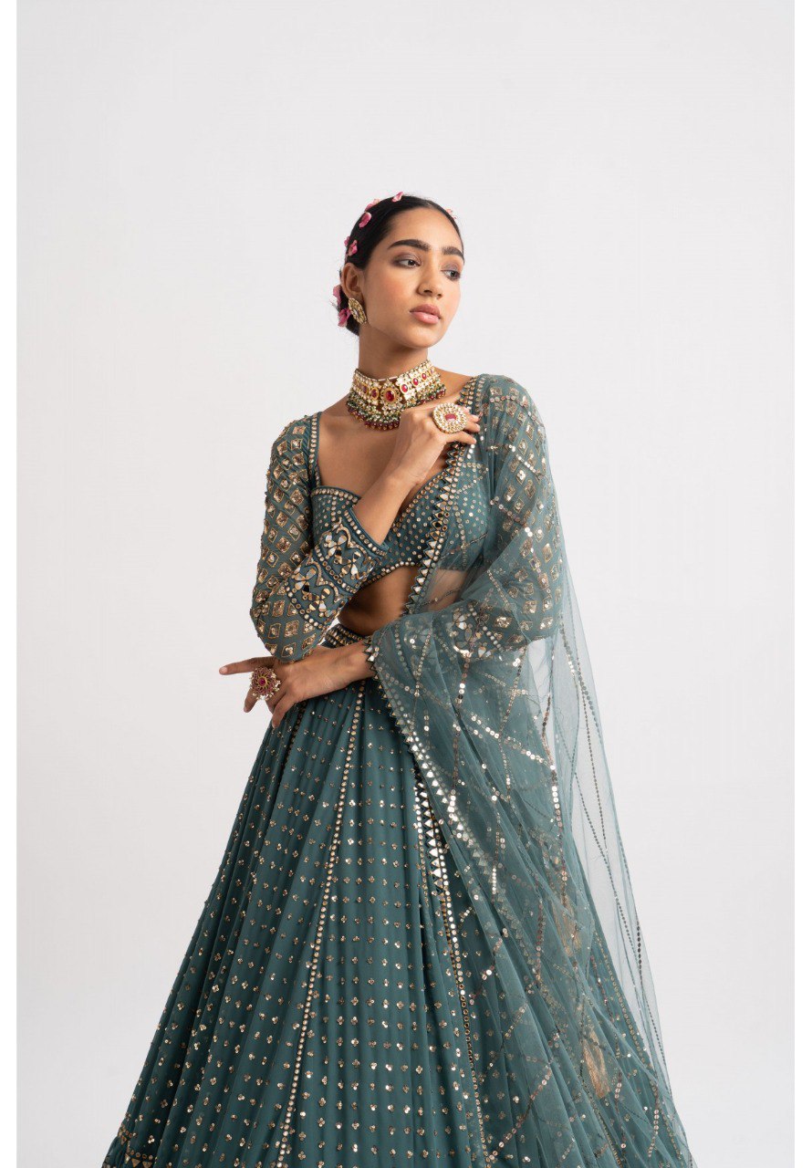 Jyoti Fashion Women's Dark Green Faux Georgette 3MM, 5MM & 9MM Sequins with Zari Embroidered Lehenga Choli with Dupatta | Swadesiicart