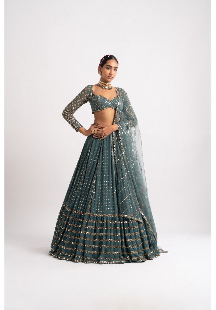 Jyoti Fashion Women's Dark Green Faux Georgette 3MM, 5MM & 9MM Sequins with Zari Embroidered Lehenga Choli with Dupatta | Swadesiicart