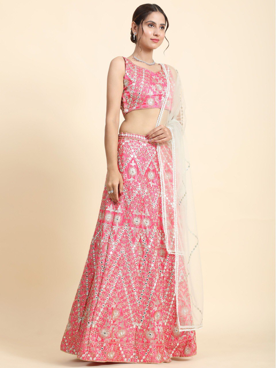 Jyoti Fashion Women's Pink Devsena Silk 3MM Sequins with Zari Dori Embroidered & Paper Mirror Work Lehenga Choli with Dupatta | Swadesiicart