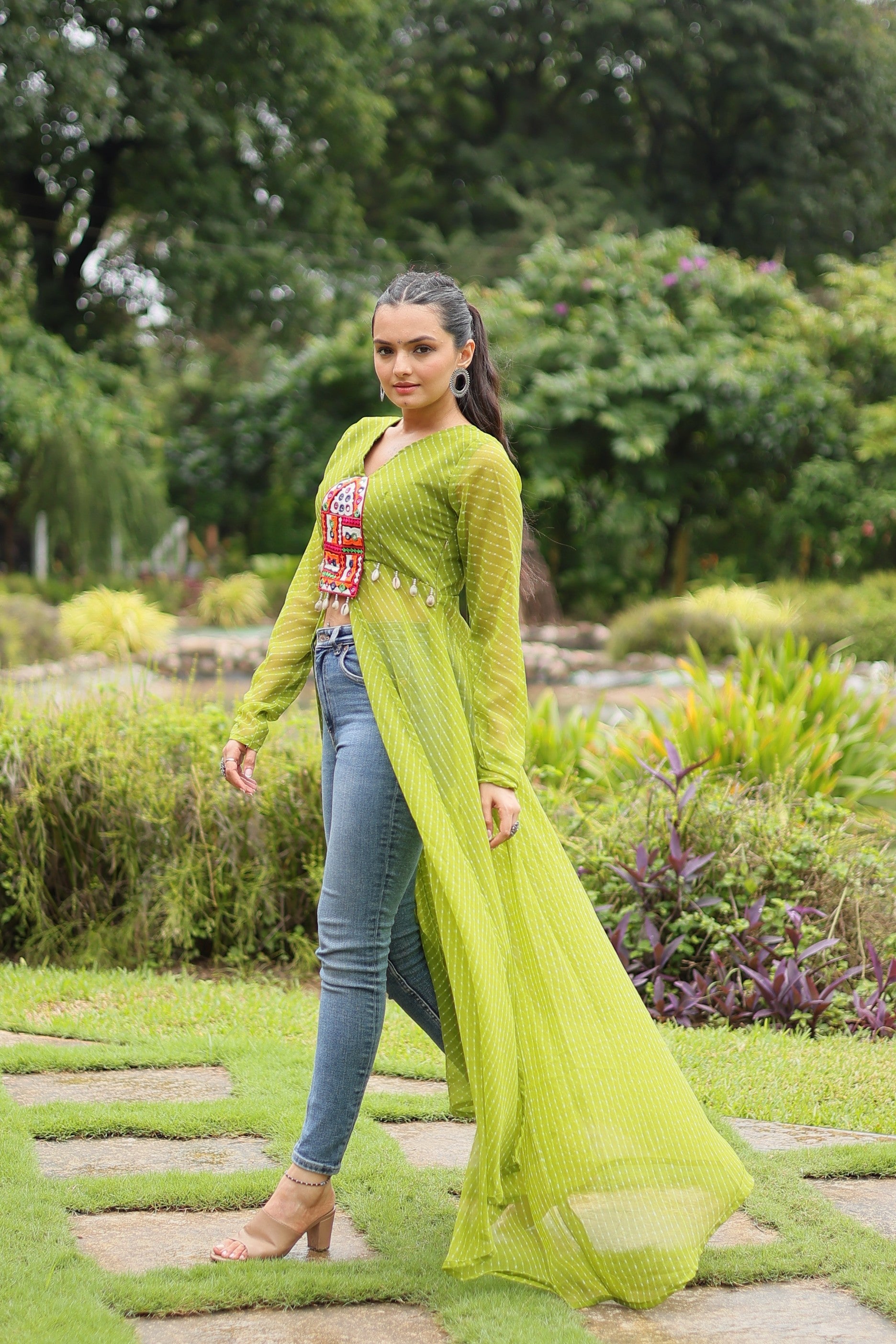 Jyoti Fashion Women's Green Faux Georgette Leheriya Print with Kutchi Patchwork Ethnic Kurta | Swadesiicart
