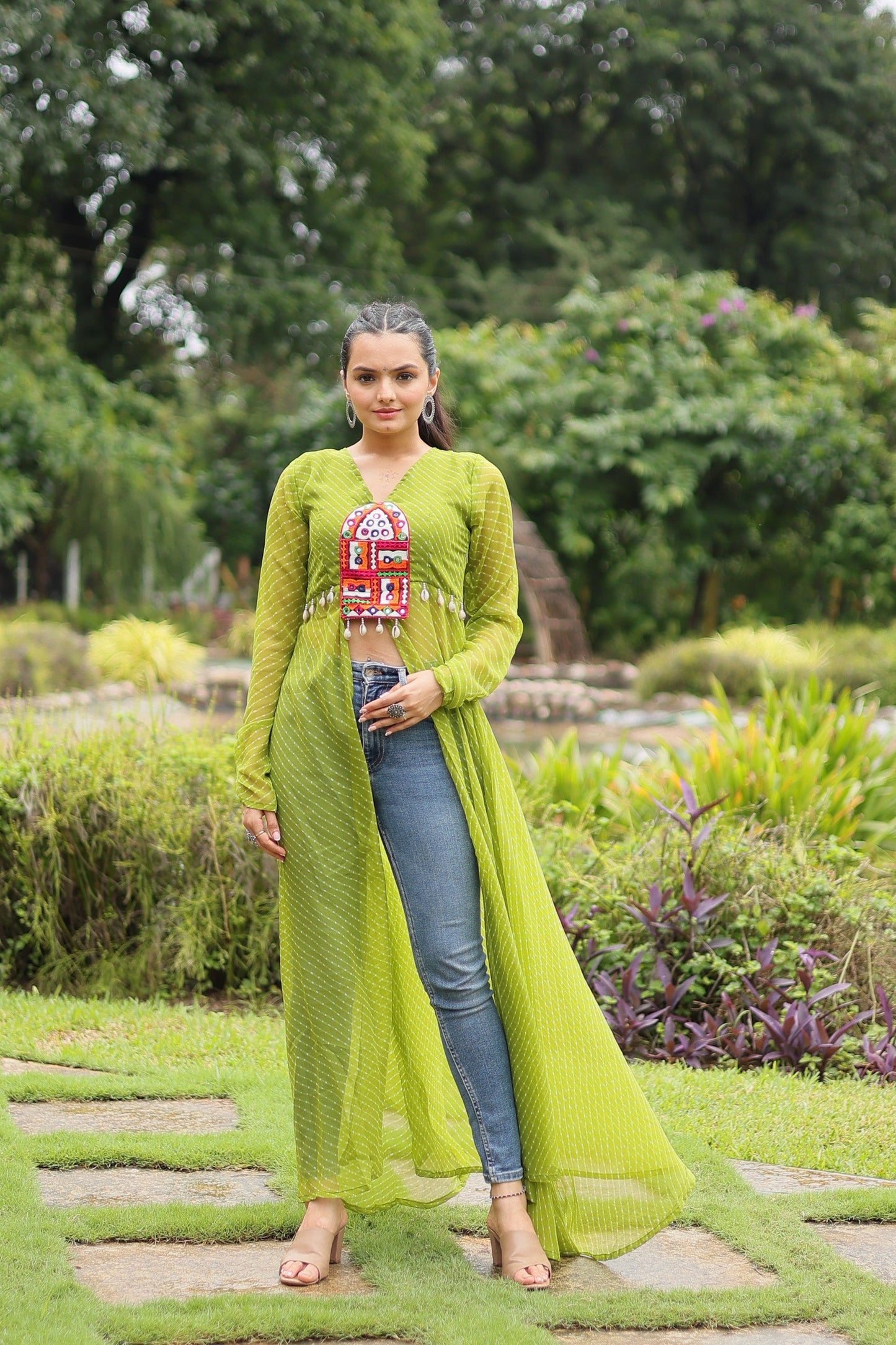 Jyoti Fashion Women's Green Faux Georgette Leheriya Print with Kutchi Patchwork Ethnic Kurta | Swadesiicart