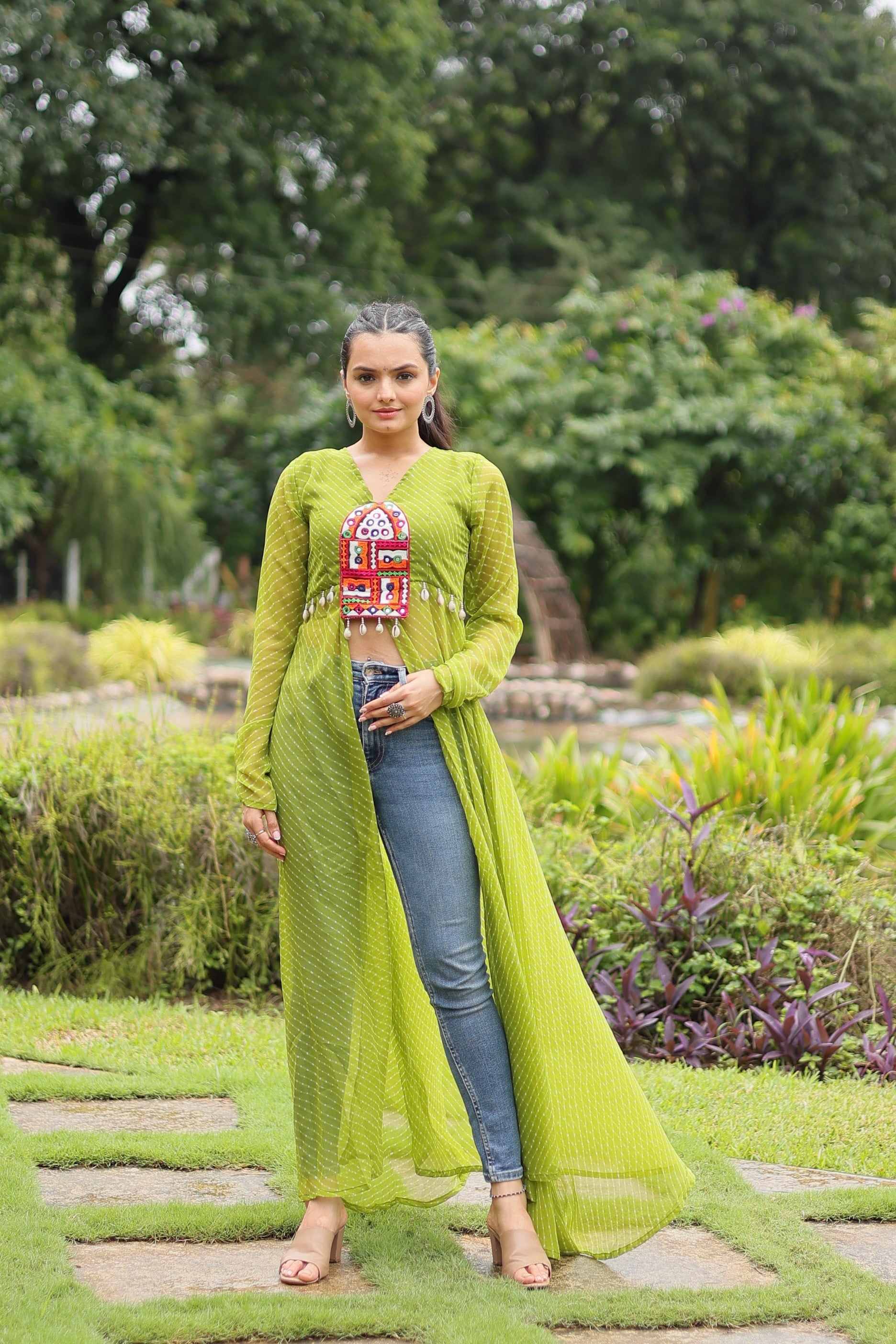 Jyoti Fashion Women's Green Faux Georgette Leheriya Print with Kutchi Patchwork Ethnic Kurta | Swadesiicart