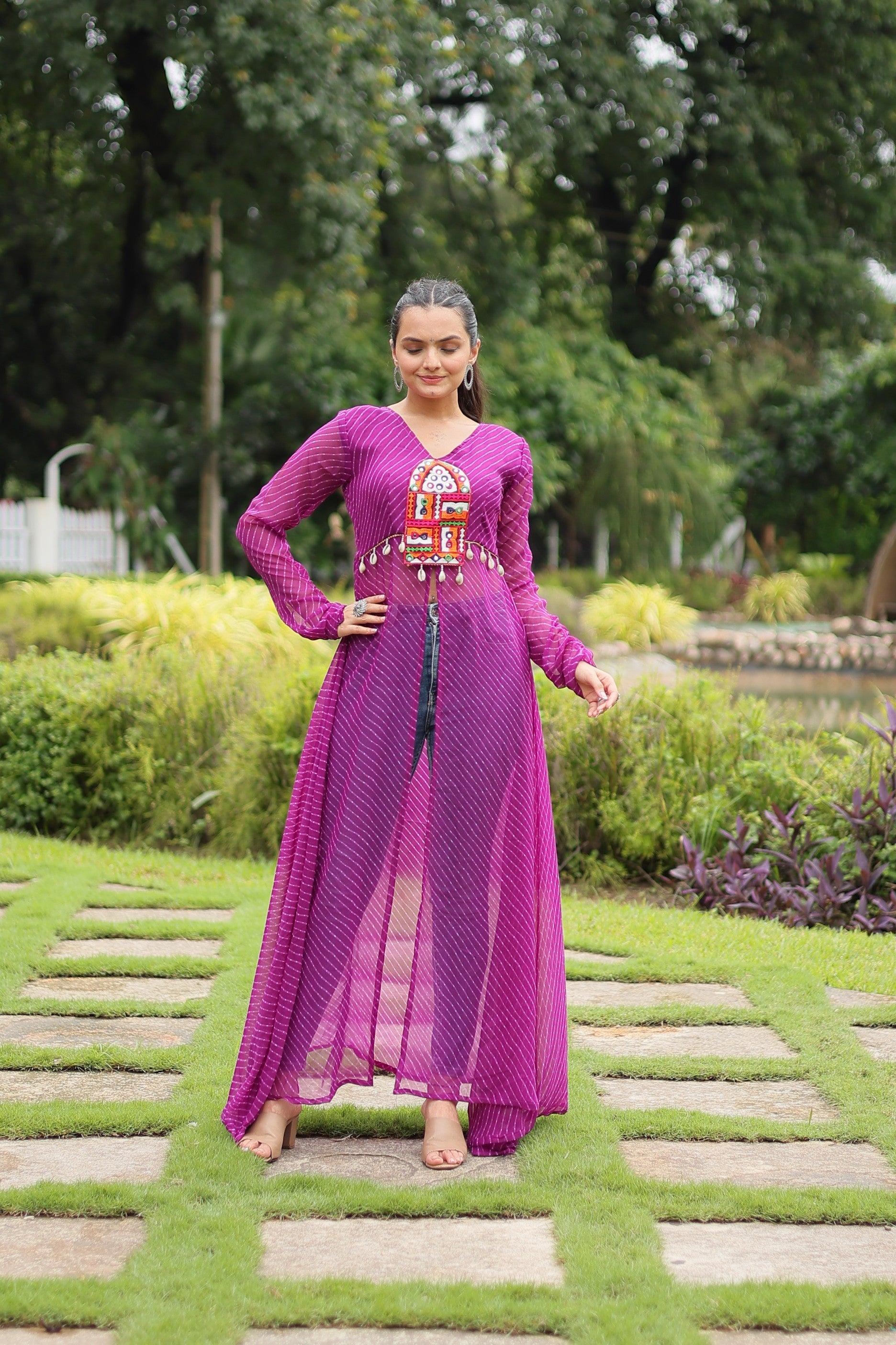 Jyoti Fashion Women's Purple Faux Georgette Leheriya Print with Kutchi Patchwork Ethnic Kurta | Swadesiicart