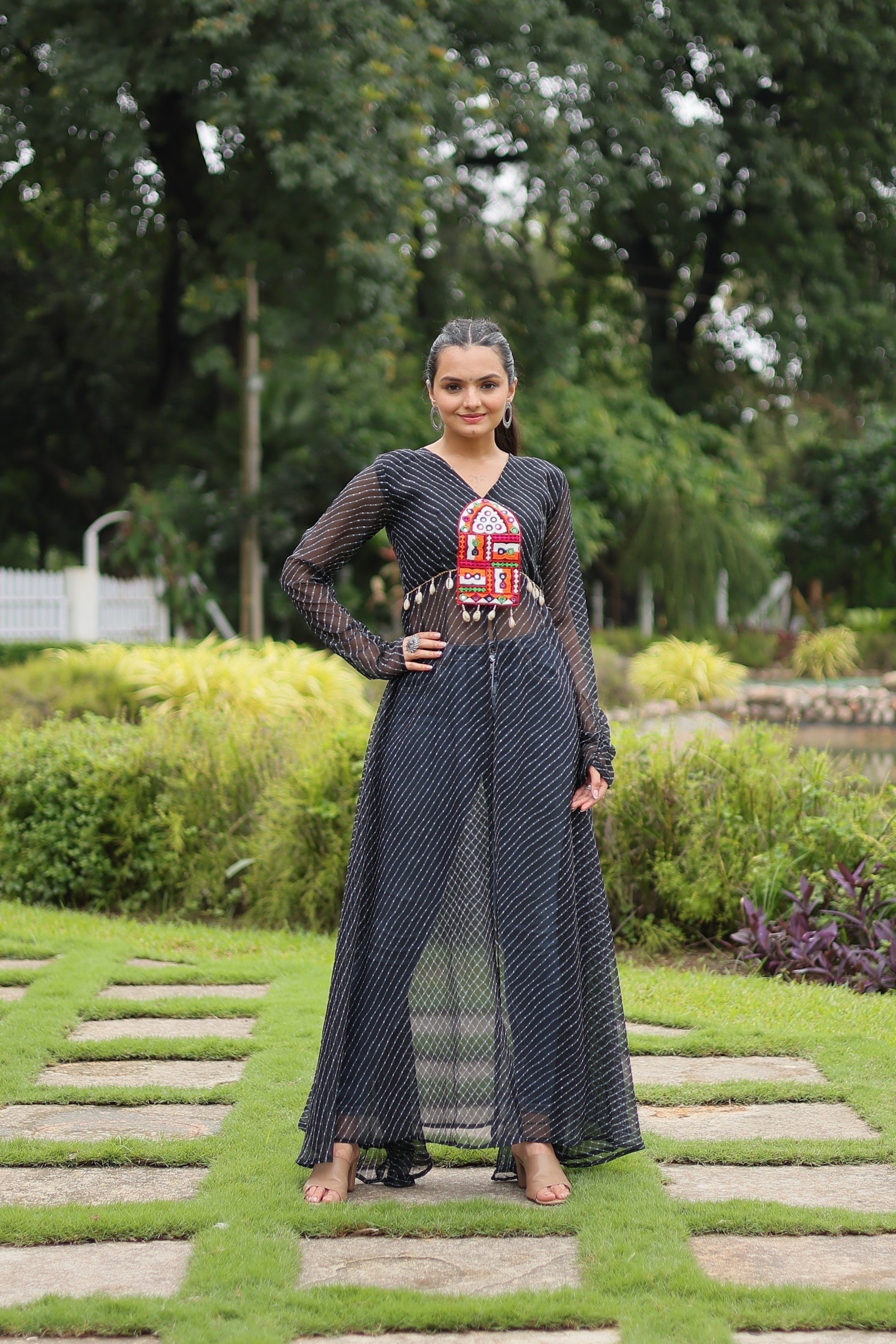 Jyoti Fashion Women's Black Faux Georgette Leheriya Print with Kutchi Patchwork Ethnic Kurta | Swadesiicart