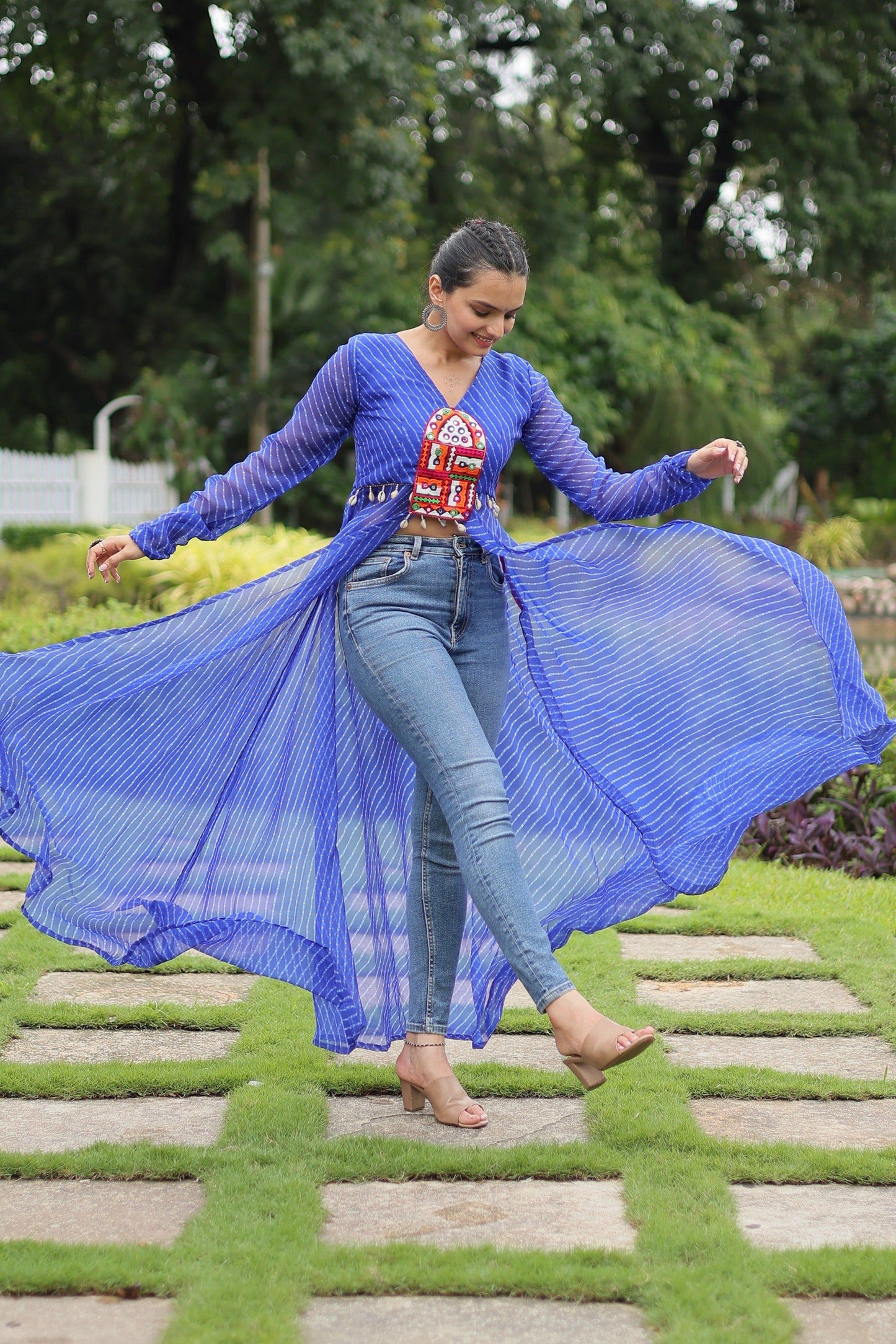 Jyoti Fashion Women's Blue Faux Georgette Leheriya Print with Kutchi Patchwork Ethnic Kurta | Swadesiicart