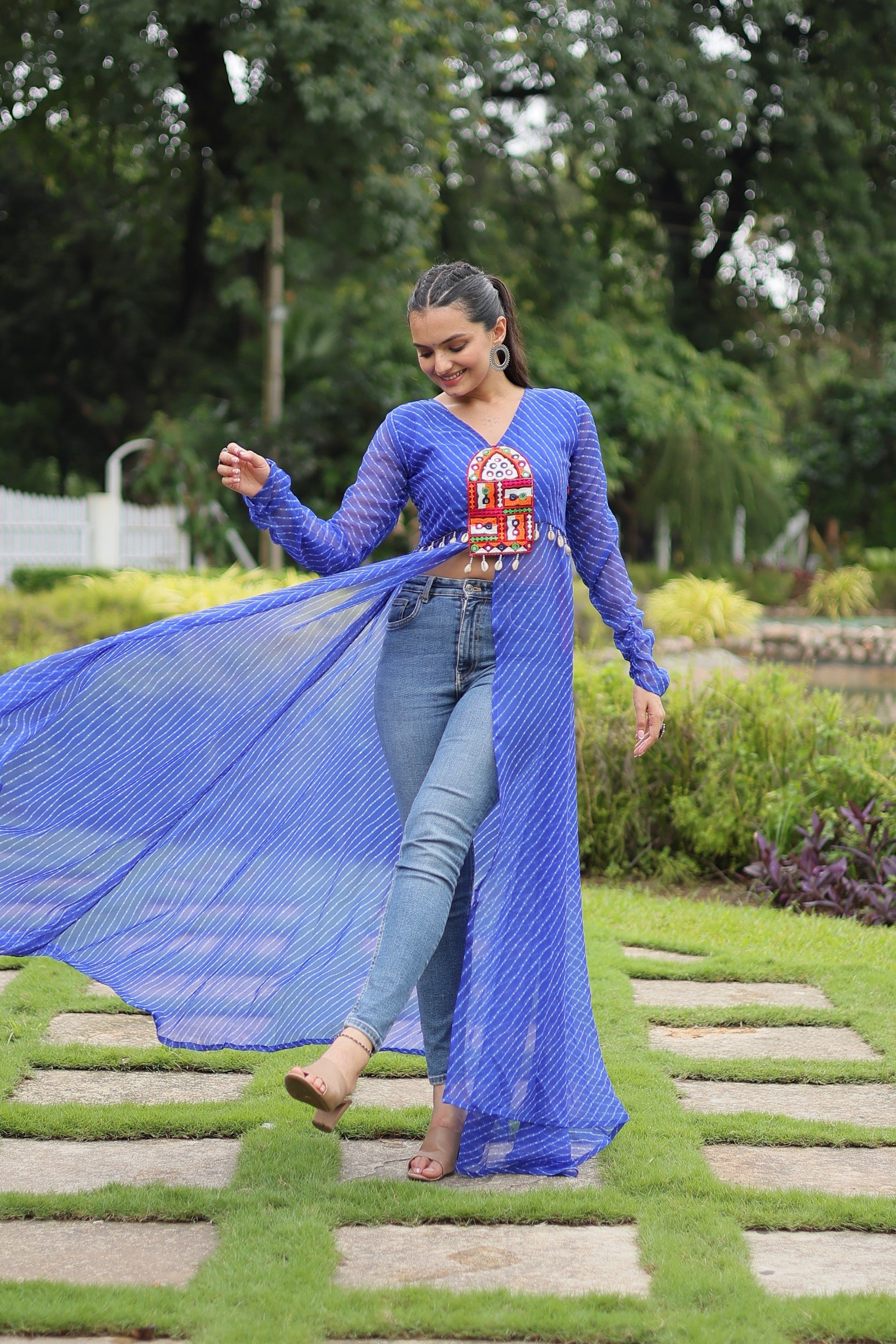 Jyoti Fashion Women's Blue Faux Georgette Leheriya Print with Kutchi Patchwork Ethnic Kurta | Swadesiicart