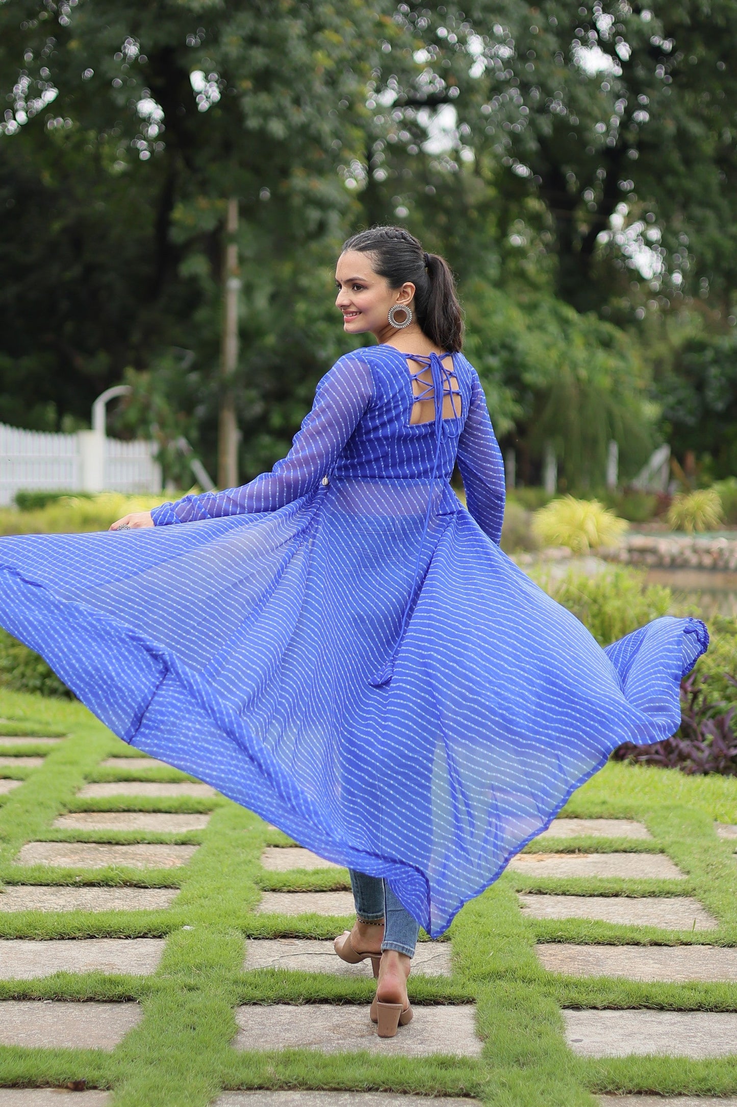 Jyoti Fashion Women's Blue Faux Georgette Leheriya Print with Kutchi Patchwork Ethnic Kurta | Swadesiicart