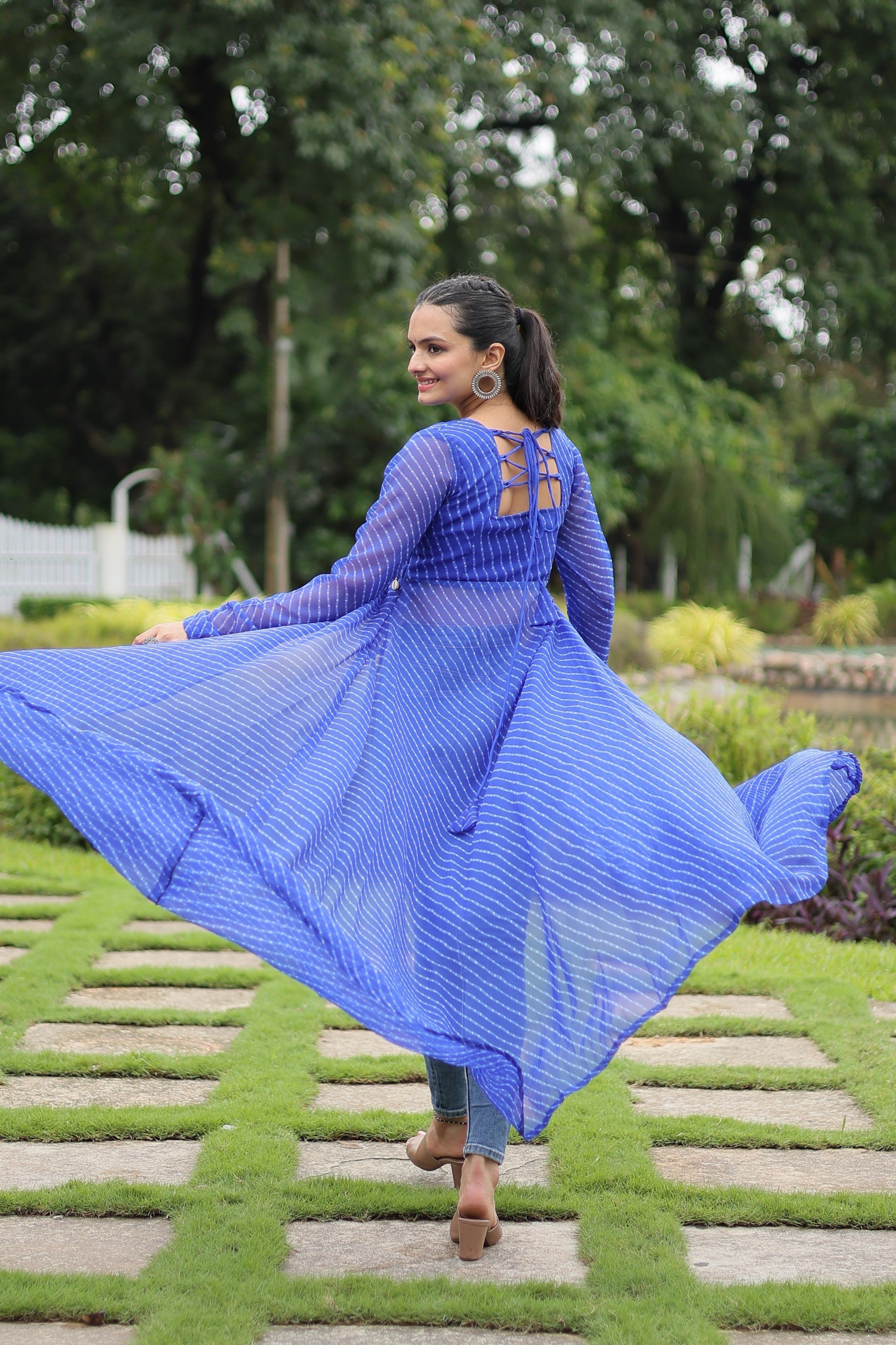 Jyoti Fashion Women's Blue Faux Georgette Leheriya Print with Kutchi Patchwork Ethnic Kurta | Swadesiicart