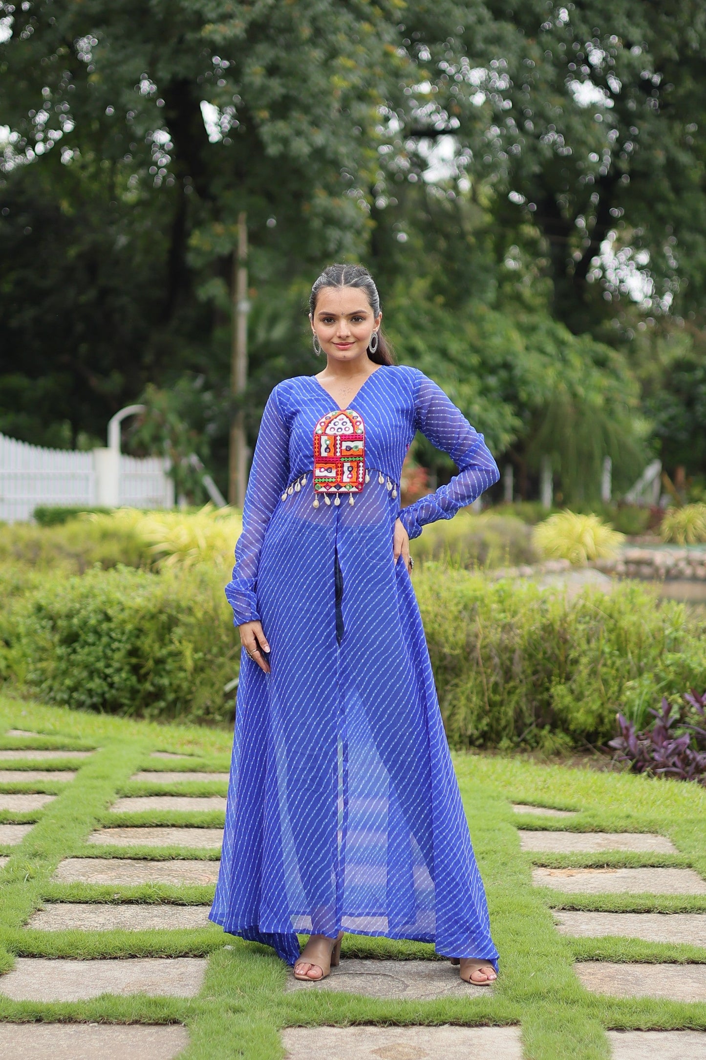 Jyoti Fashion Women's Blue Faux Georgette Leheriya Print with Kutchi Patchwork Ethnic Kurta | Swadesiicart