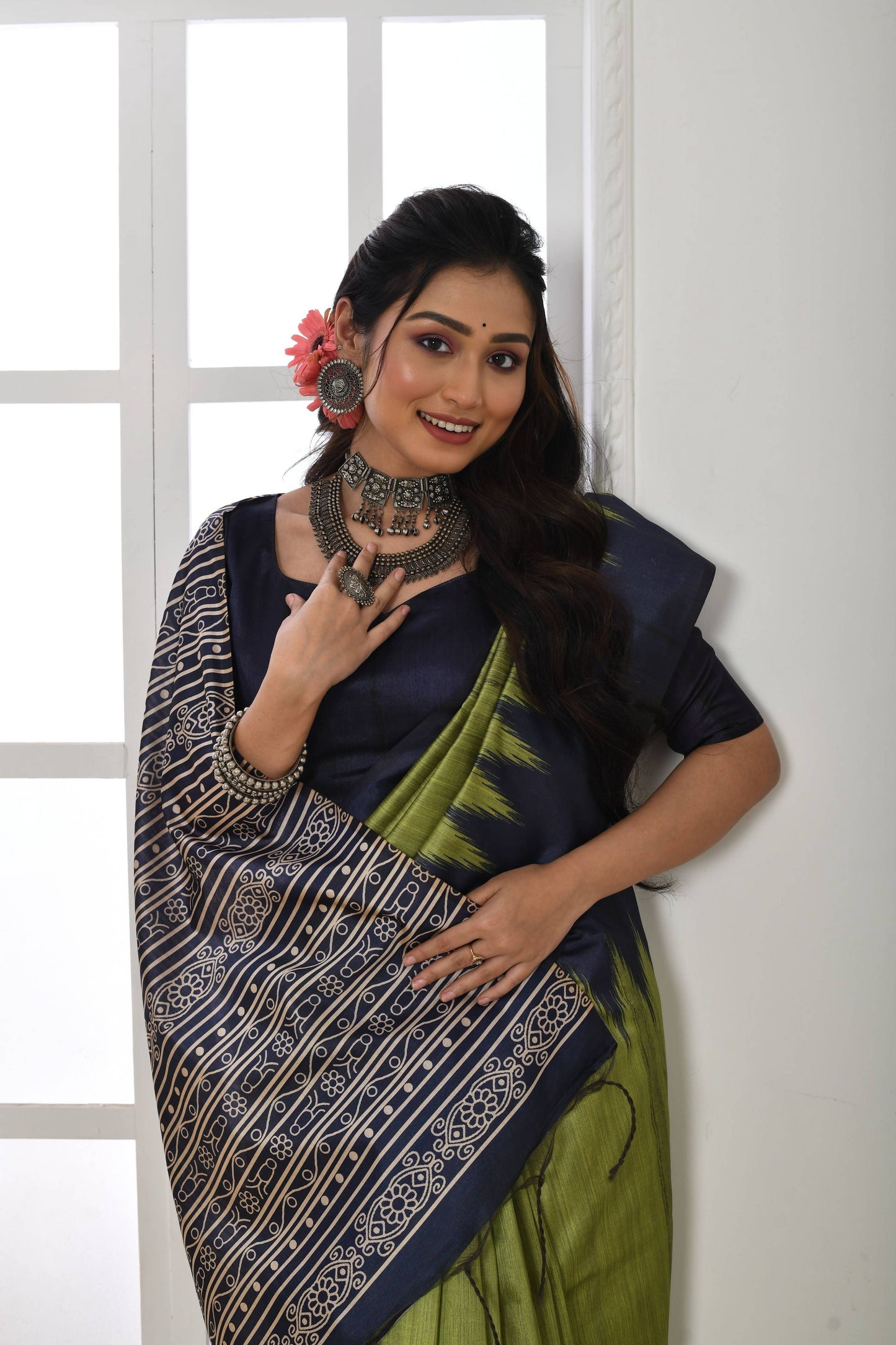 Jyoti Fashion Women's Mehendi Soft Tussar Silk Printed Temple Border Traditional Saree with Blouse | Swadesiicart