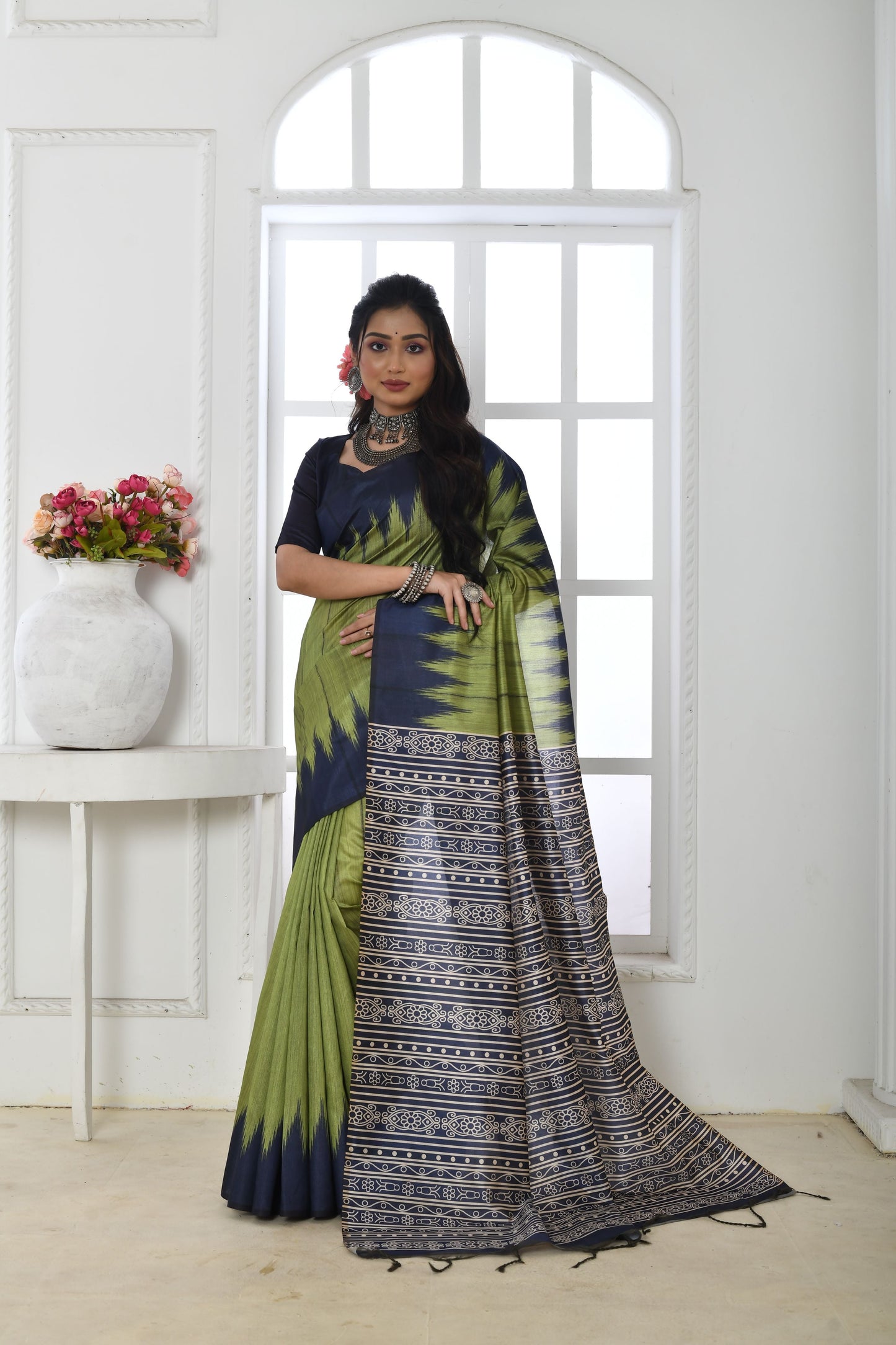 Jyoti Fashion Women's Mehendi Soft Tussar Silk Printed Temple Border Traditional Saree with Blouse | Swadesiicart