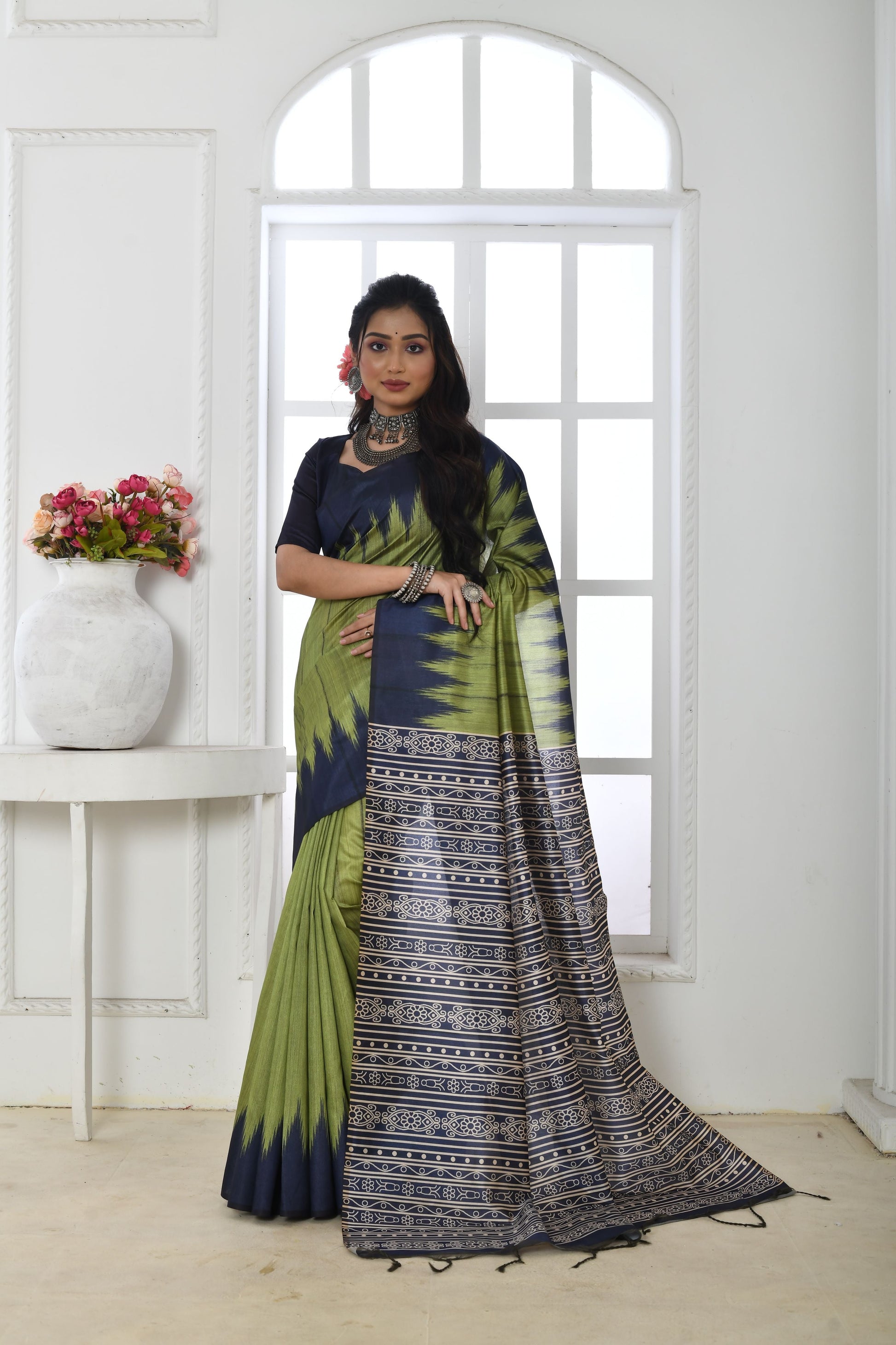 Jyoti Fashion Women's Mehendi Soft Tussar Silk Printed Temple Border Traditional Saree with Blouse | Swadesiicart