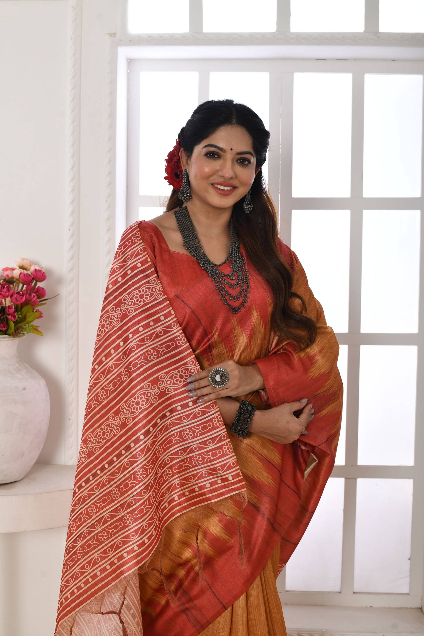 Jyoti Fashion Women's Mustard Soft Tussar Silk Printed Temple Border Traditional Saree with Blouse | Swadesiicart